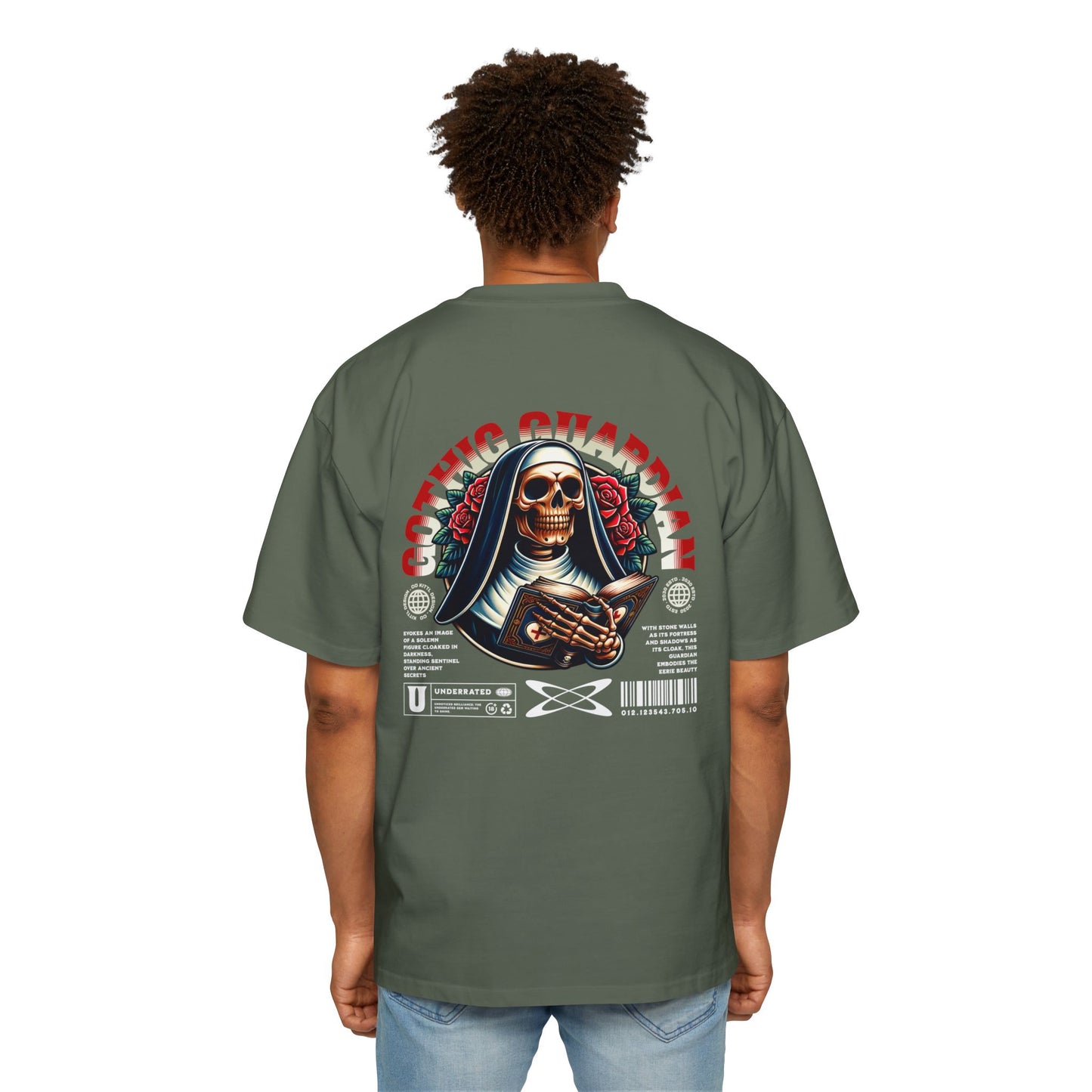 Gothic Guardian Oversized Tee - Edgy Black Graphic T-Shirt for Streetwear.