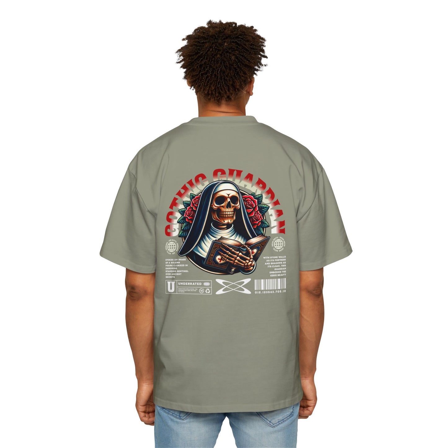 Gothic Guardian Oversized Tee - Edgy Black Graphic T-Shirt for Streetwear.