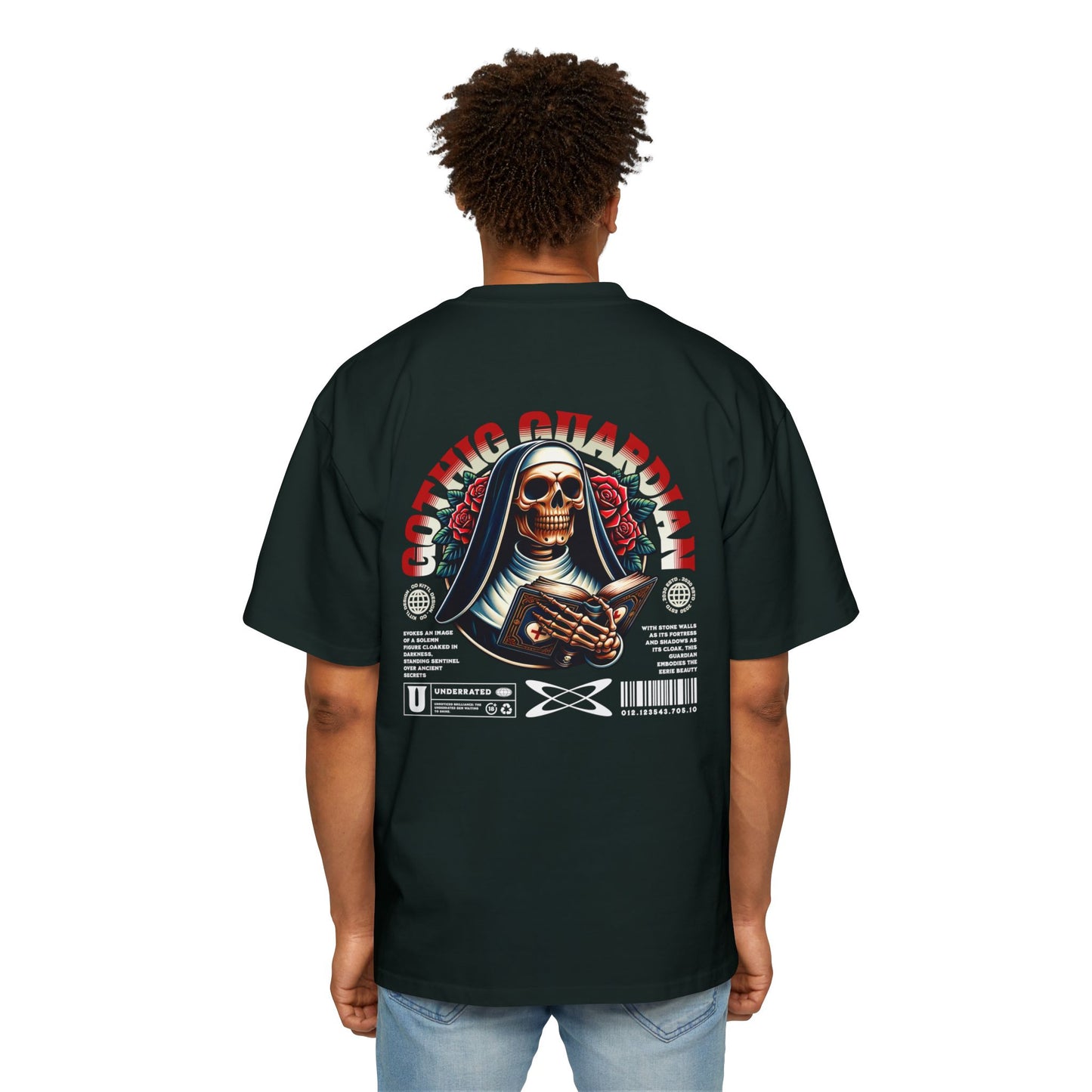 Gothic Guardian Oversized Tee - Edgy Black Graphic T-Shirt for Streetwear.