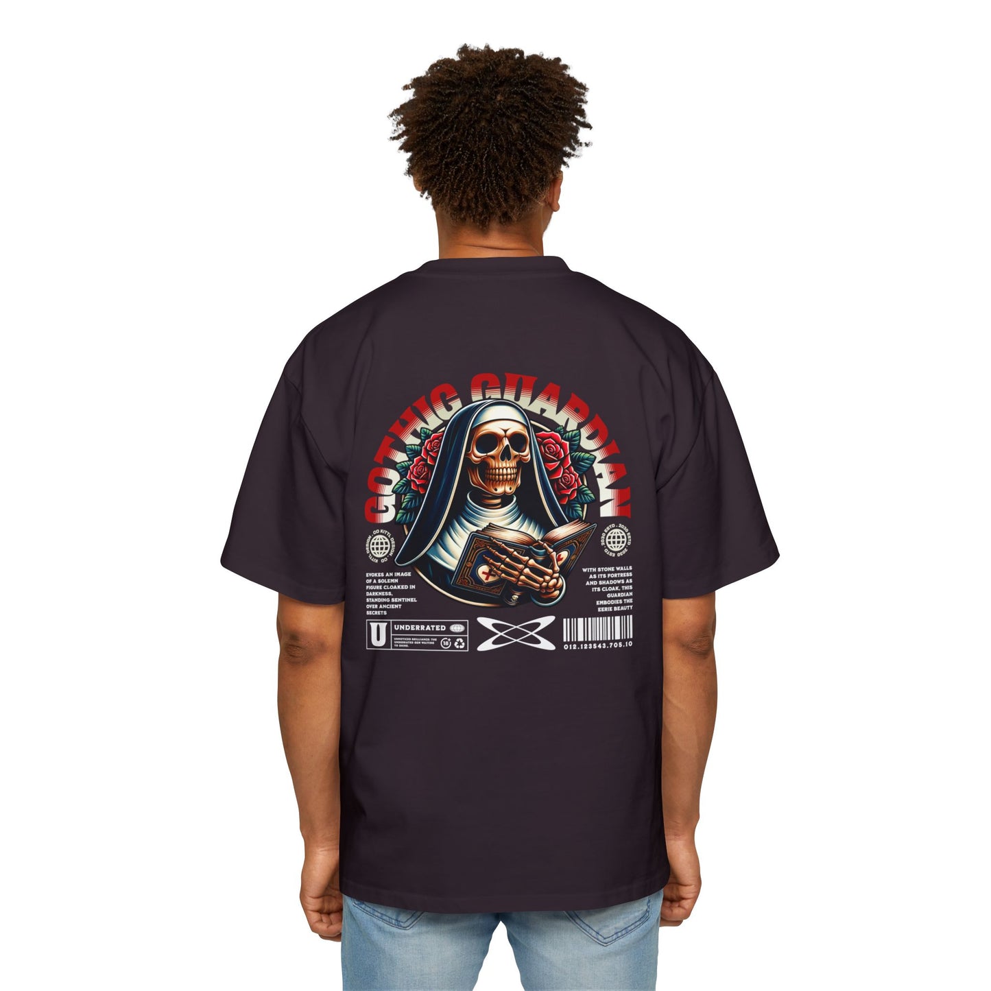Gothic Guardian Oversized Tee - Edgy Black Graphic T-Shirt for Streetwear.