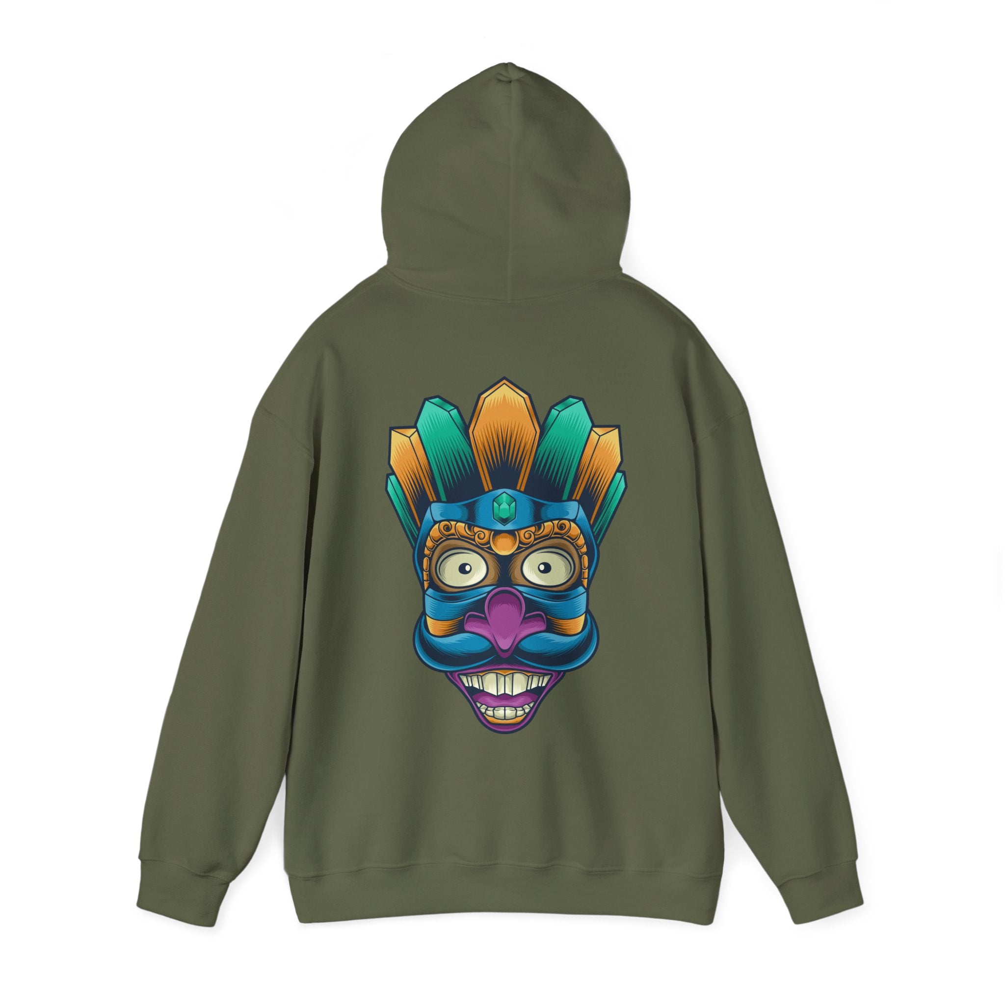 Vibrant Graphic Hoodie with Tribal Mask Design