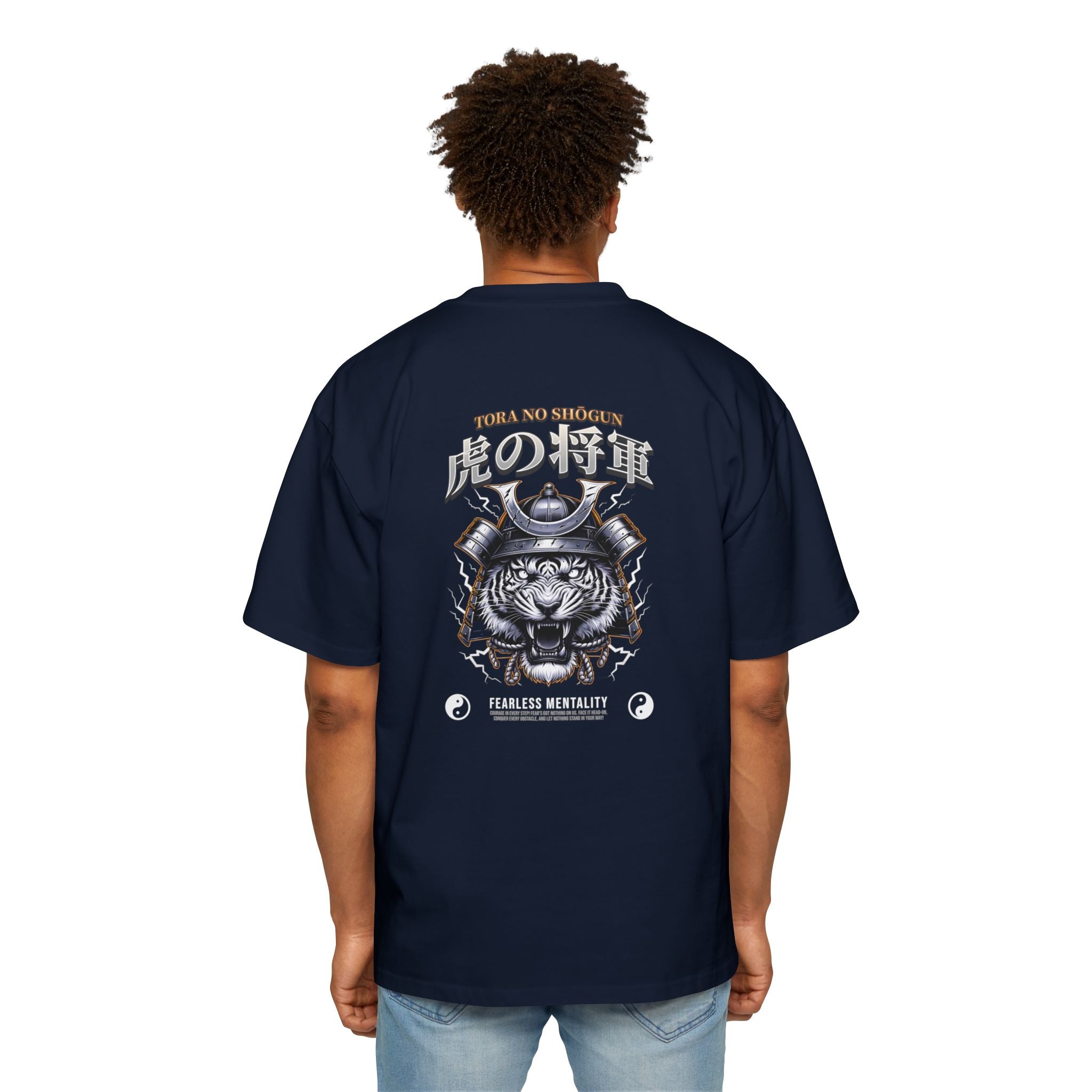 Fearless Samurai Lion Men's Heavy Oversized Tee - Bold Red Graphic Tee for Warriors.