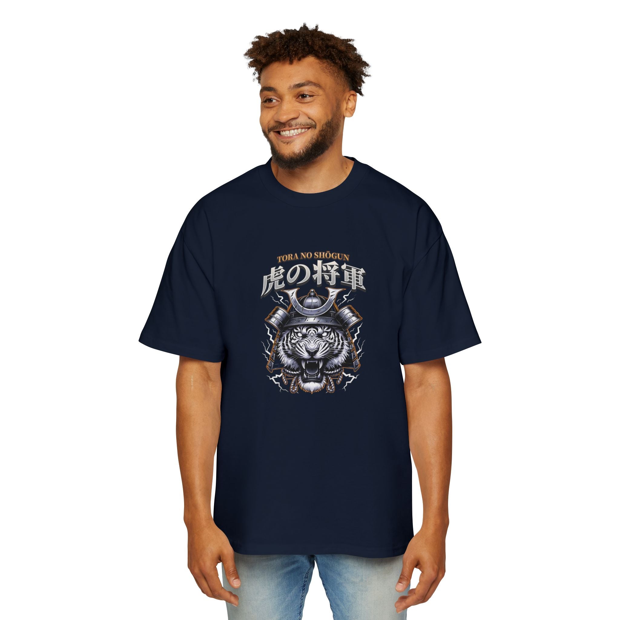 Fearless Samurai Lion Men's Heavy Oversized Tee - Bold Red Graphic Tee for Warriors.