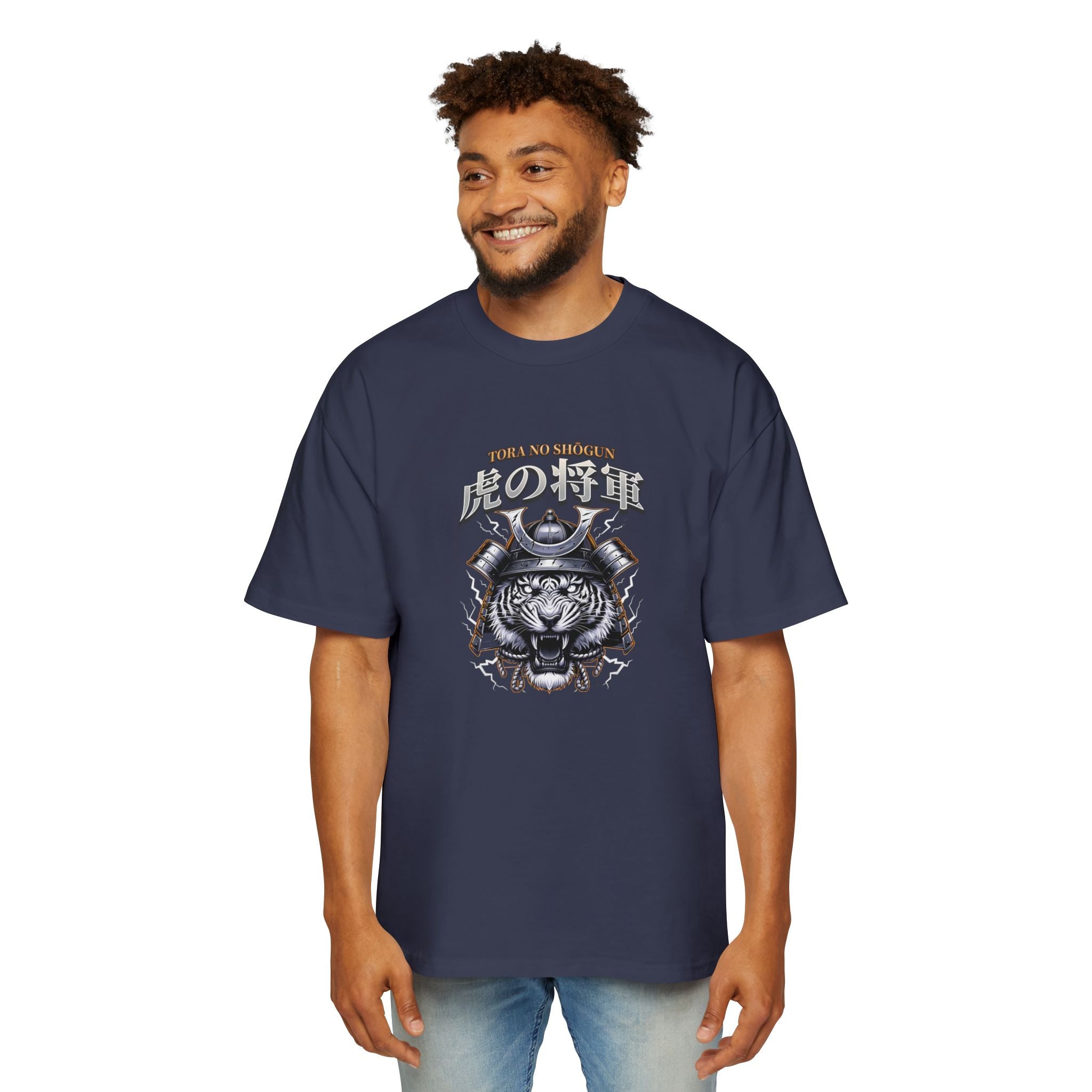 Fearless Samurai Lion Men's Heavy Oversized Tee - Bold Red Graphic Tee for Warriors.
