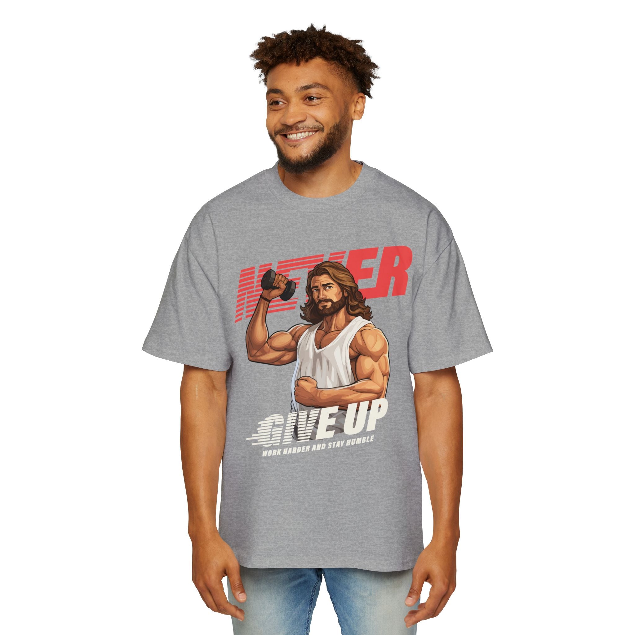 Motivational Heavy Oversized Tee - 'Never Give Up' Graphic Shirt