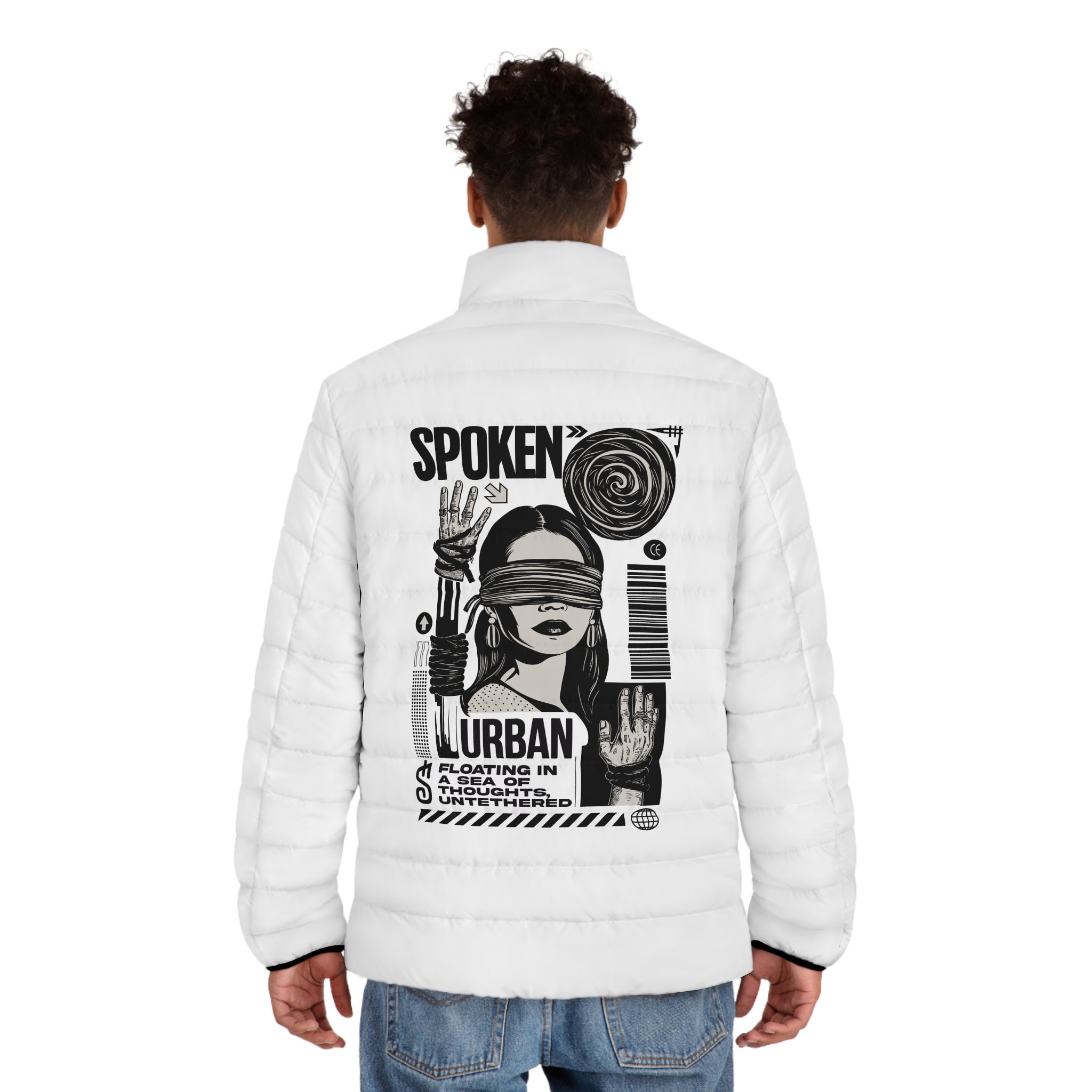 Men's Urban Graphic Puffer Jacket - Spoken Design, Warm & Stylish