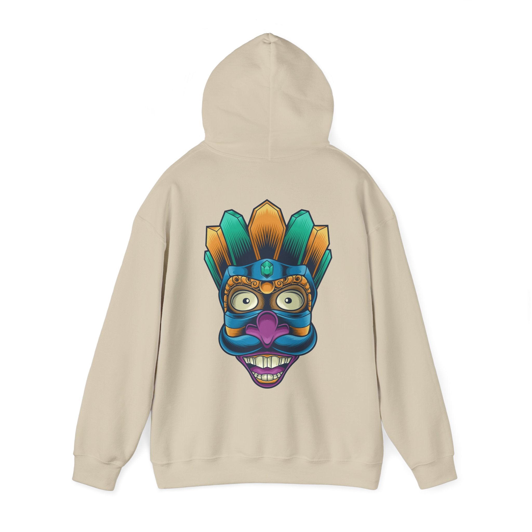 Vibrant Graphic Hoodie with Tribal Mask Design