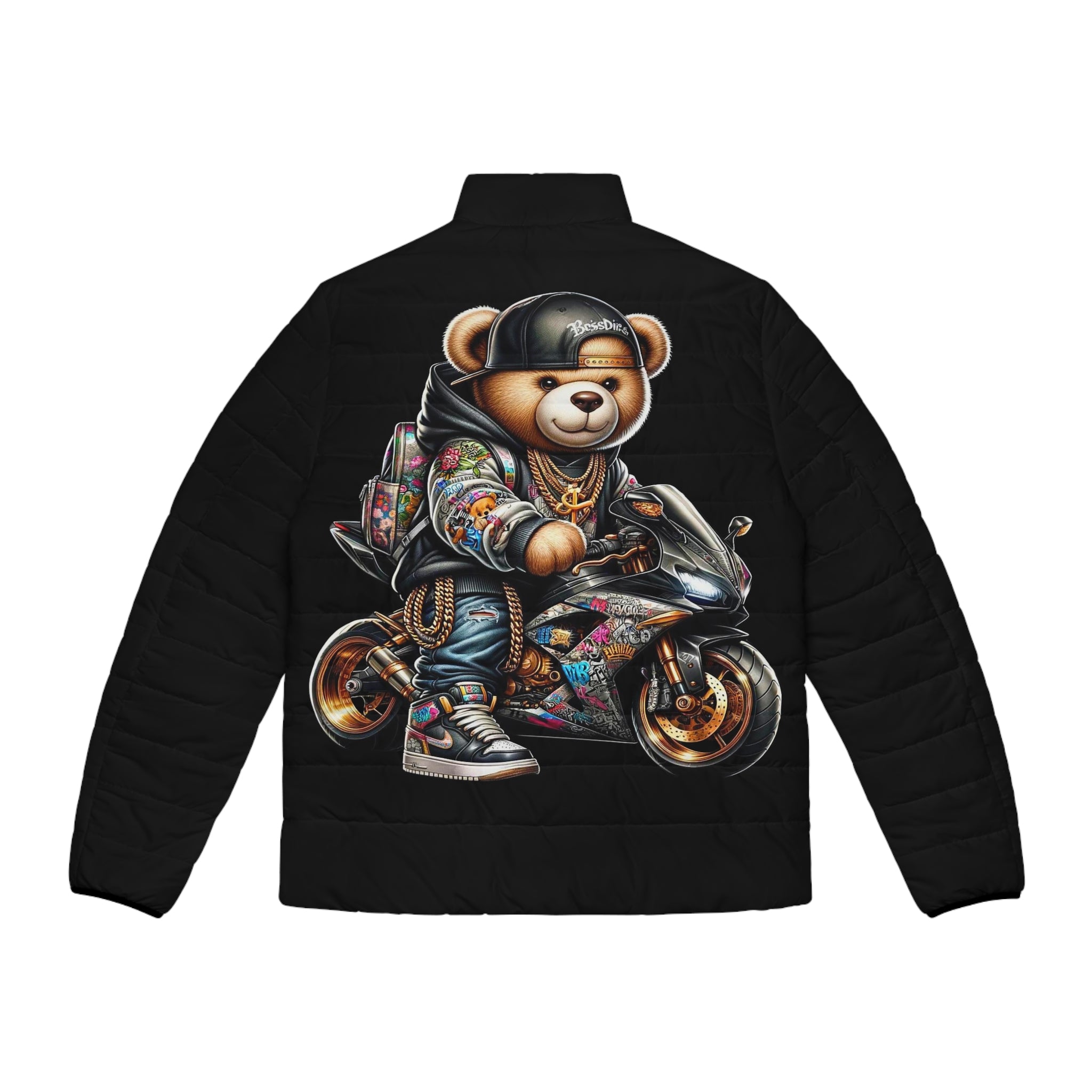 Gangsta Biker Teddy Bear Men's Puffer Jacket