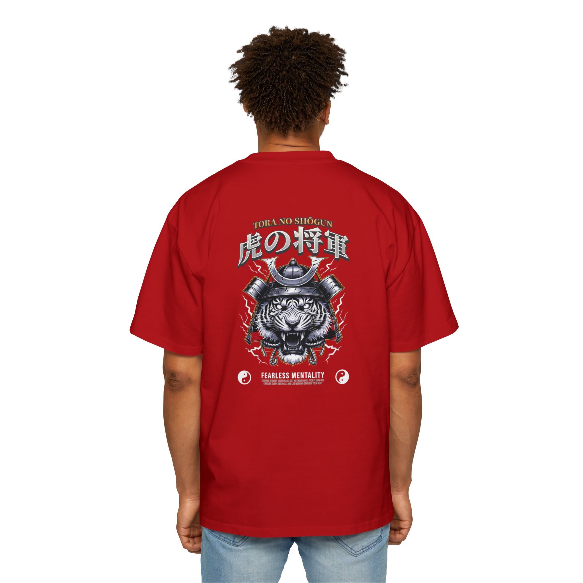 Fearless Samurai Lion Men's Heavy Oversized Tee - Bold Red Graphic Tee for Warriors.
