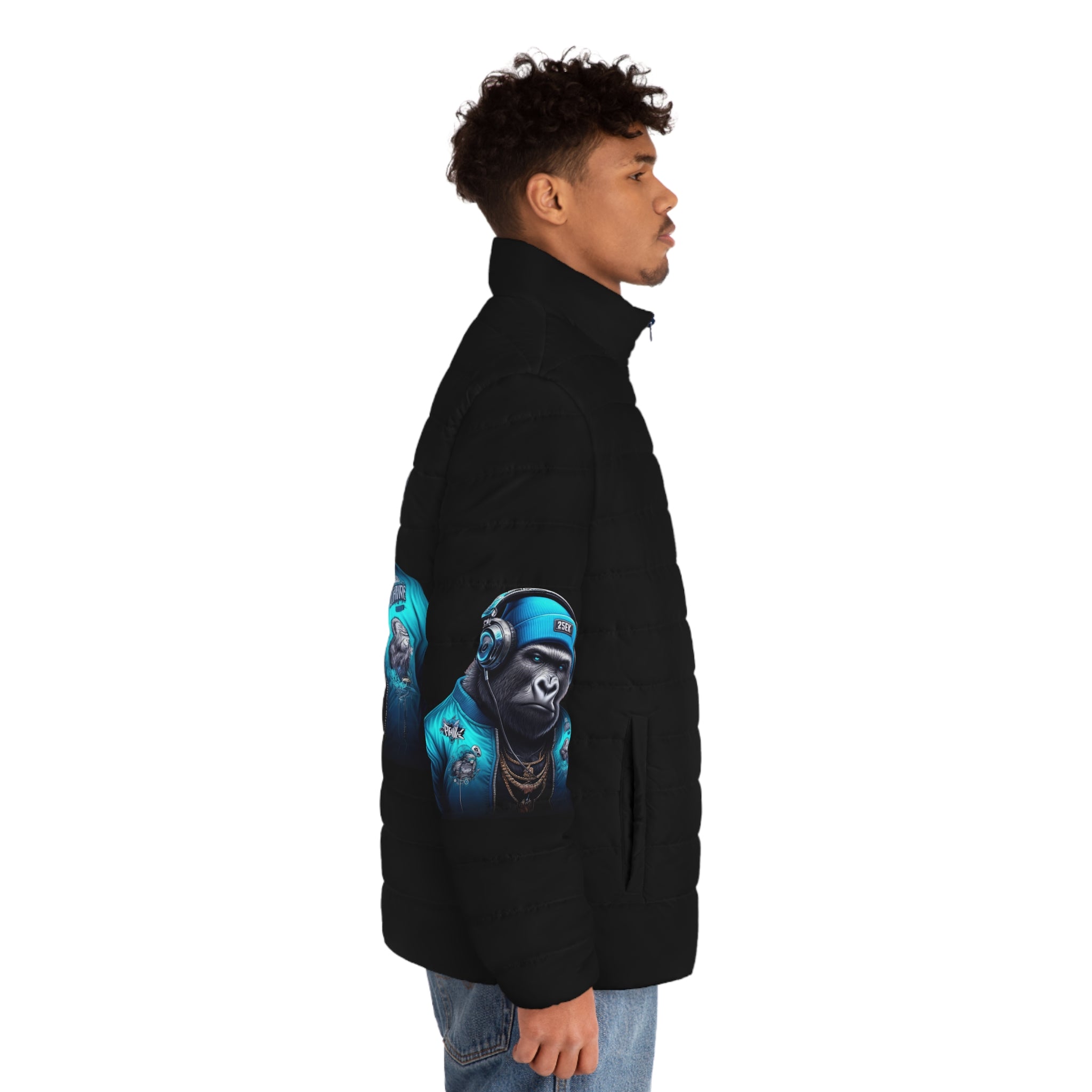 Urban Style Men's Puffer Jacket with Gorilla Artwork