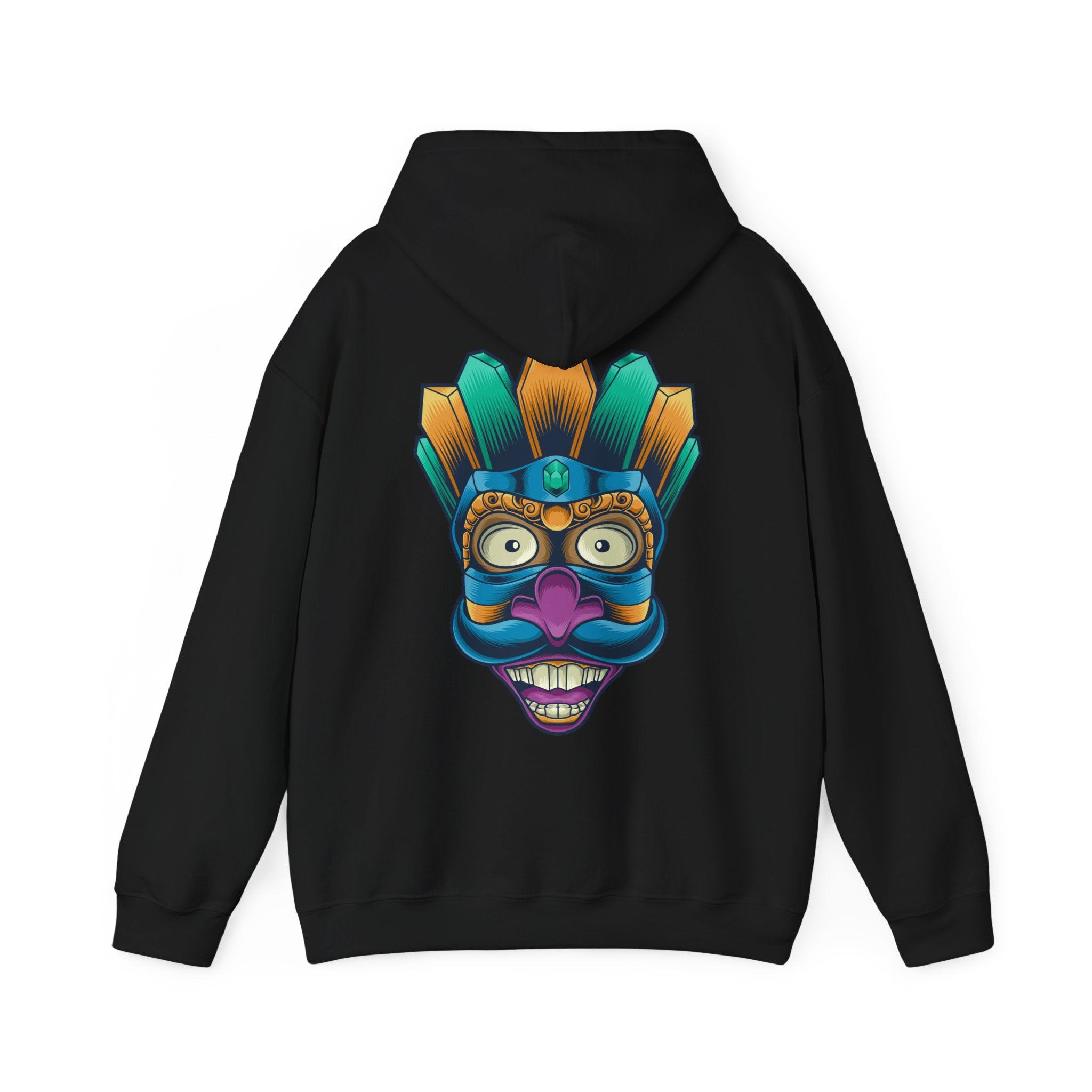 Vibrant Graphic Hoodie with Tribal Mask Design
