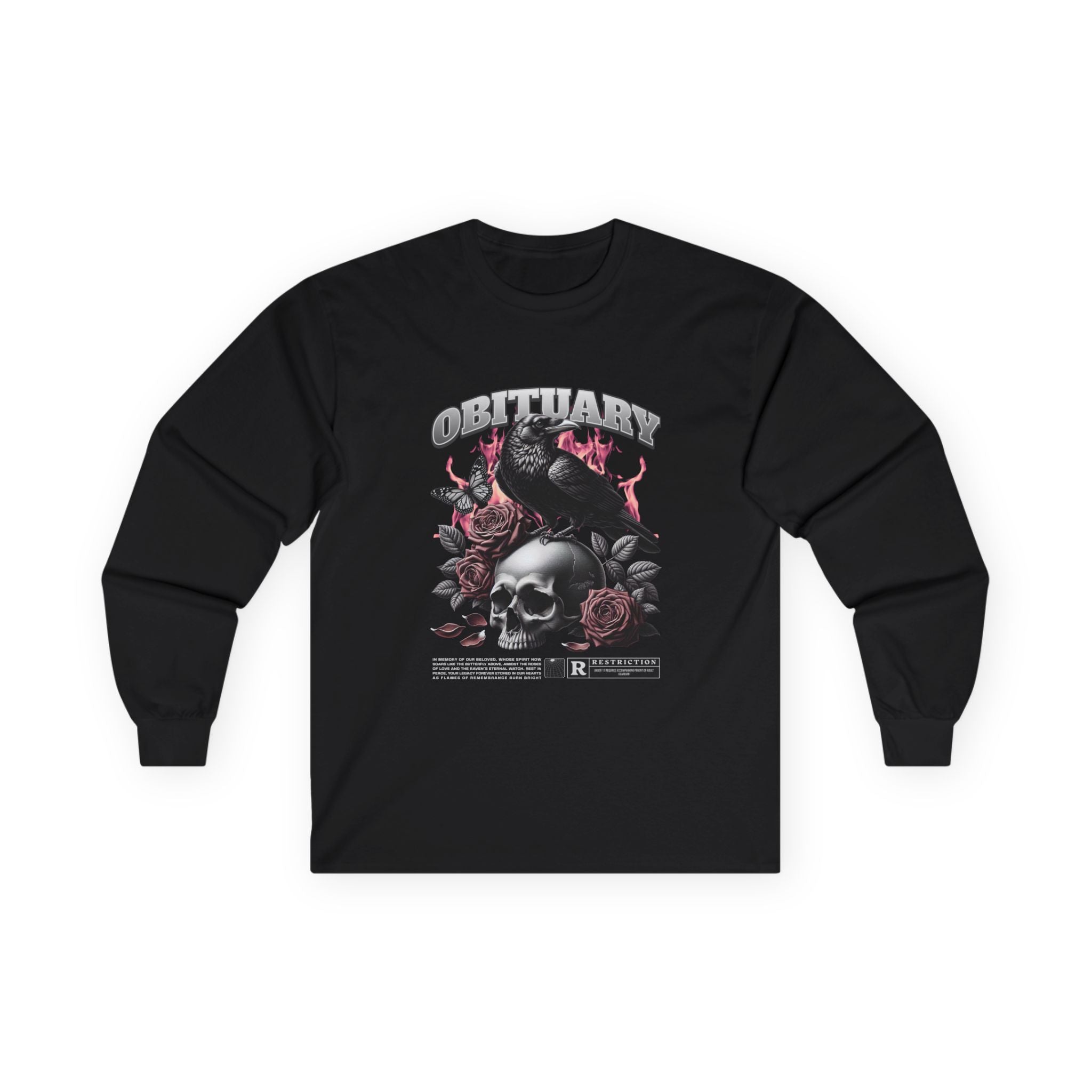 Obituary Skull Long Sleeve Tee - Gothic Floral Design