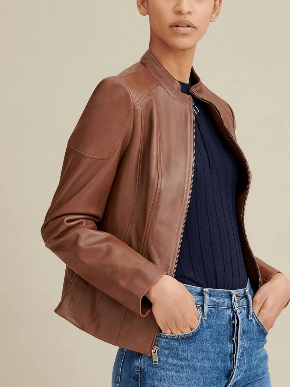 Women’s leather jacket crew neck
