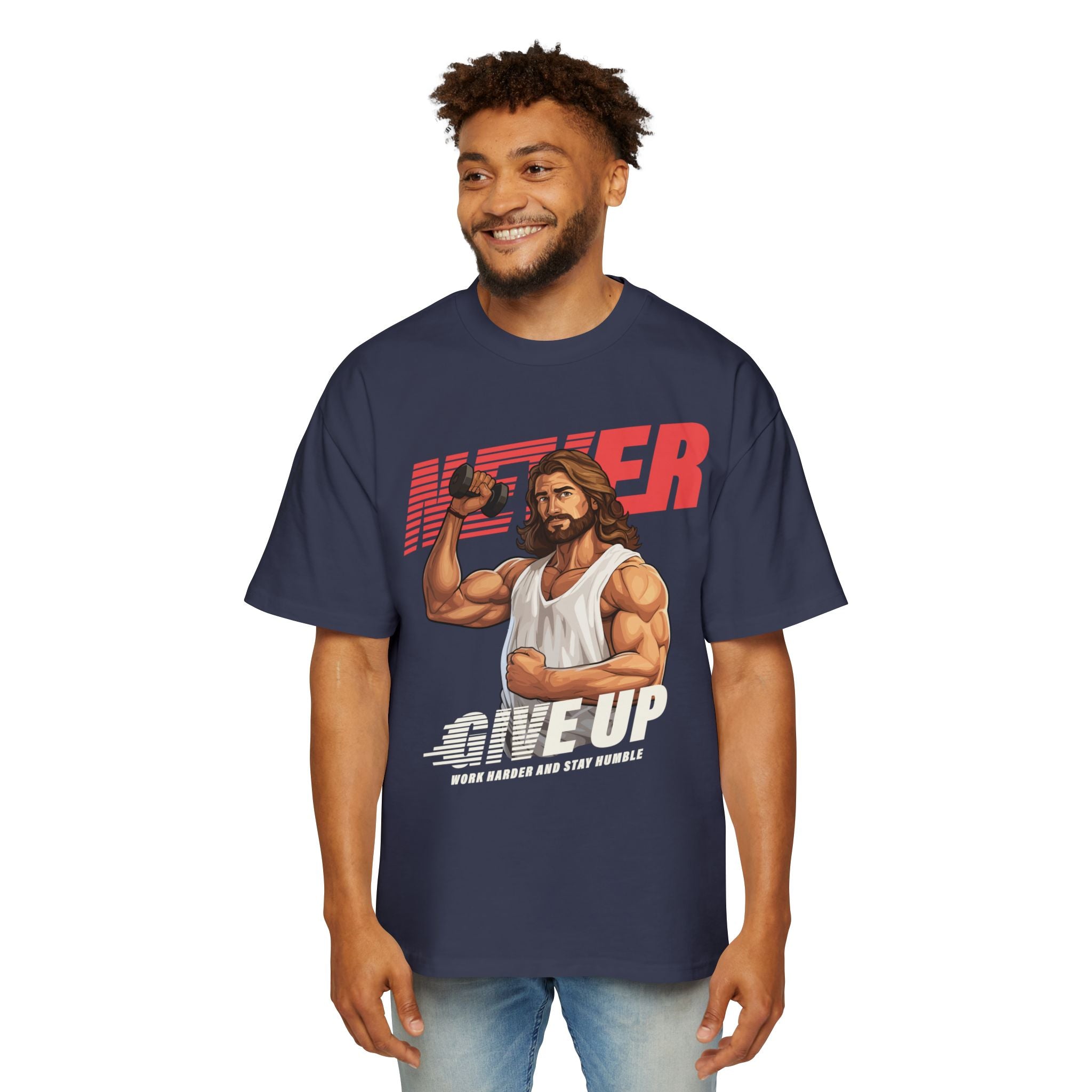 Motivational Heavy Oversized Tee - 'Never Give Up' Graphic Shirt