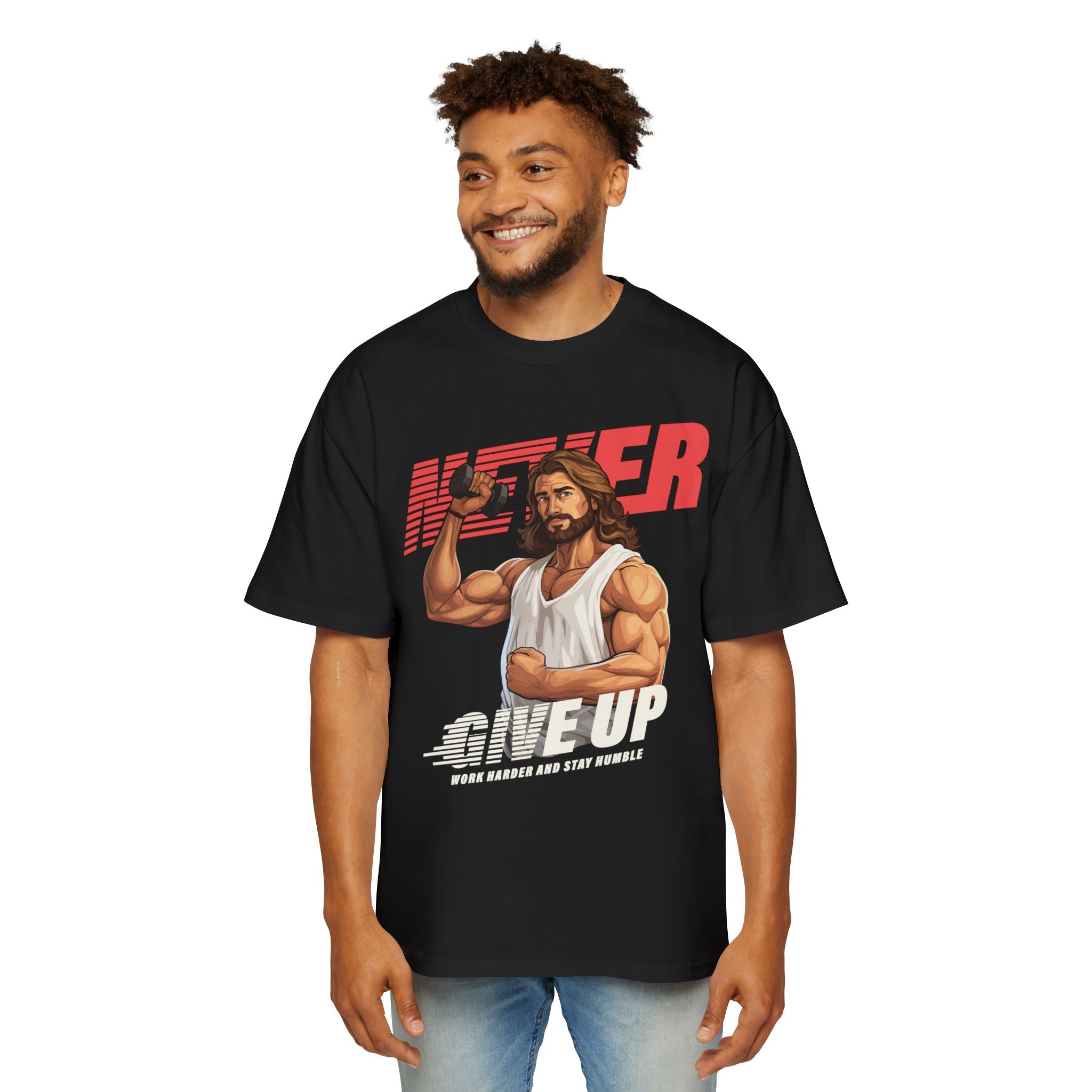 Motivational Heavy Oversized Tee - 'Never Give Up' Graphic Shirt