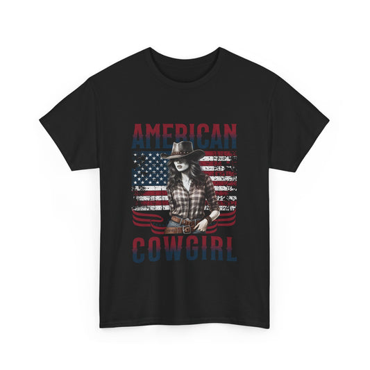 American Cowgirl Unisex Heavy Cotton Tee - Vintage Style USA Flag Graphic Shirt