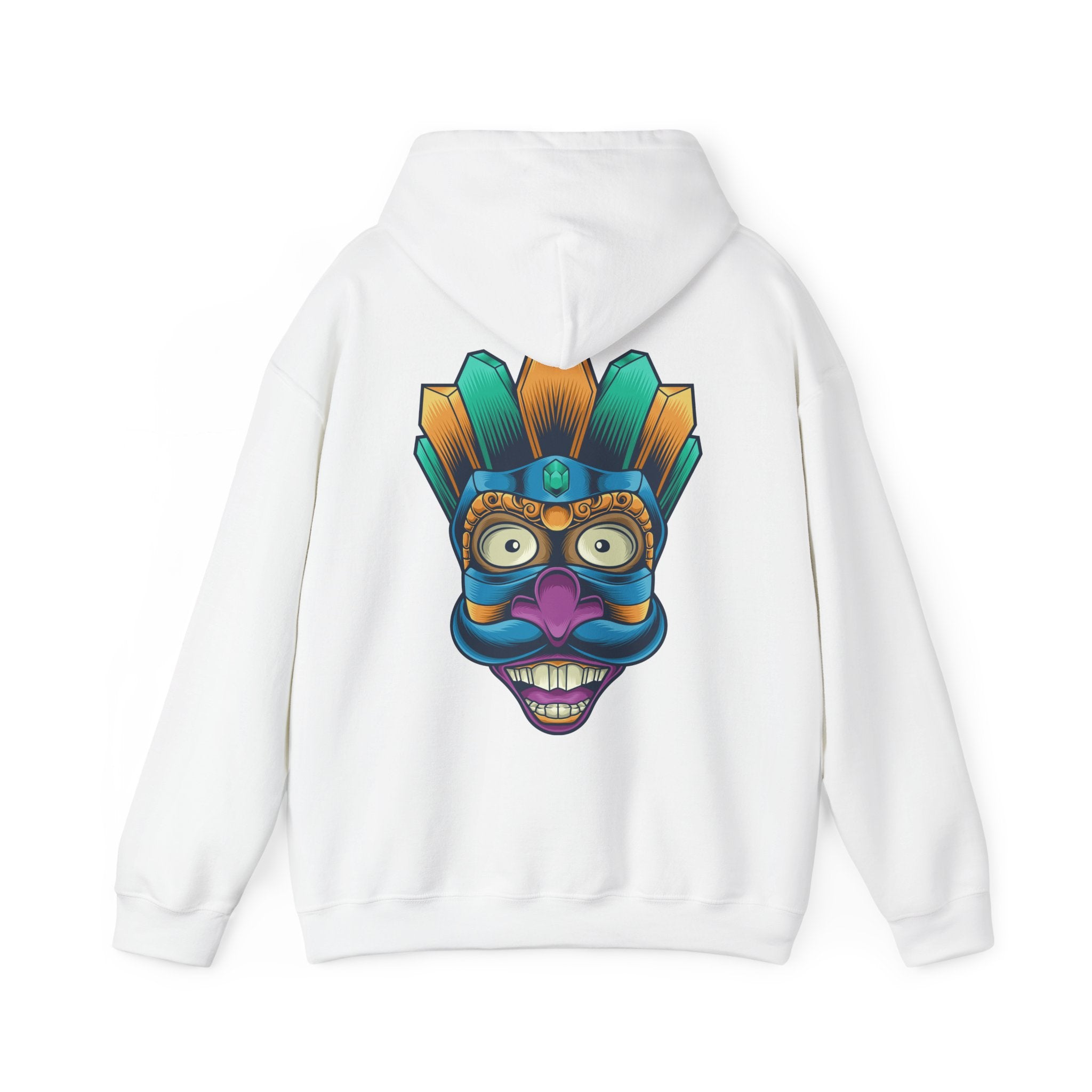 Vibrant Graphic Hoodie with Tribal Mask Design