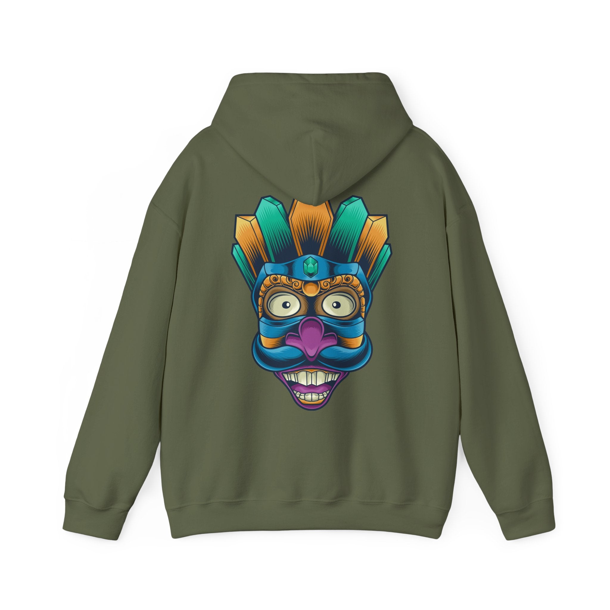 Vibrant Graphic Hoodie with Tribal Mask Design