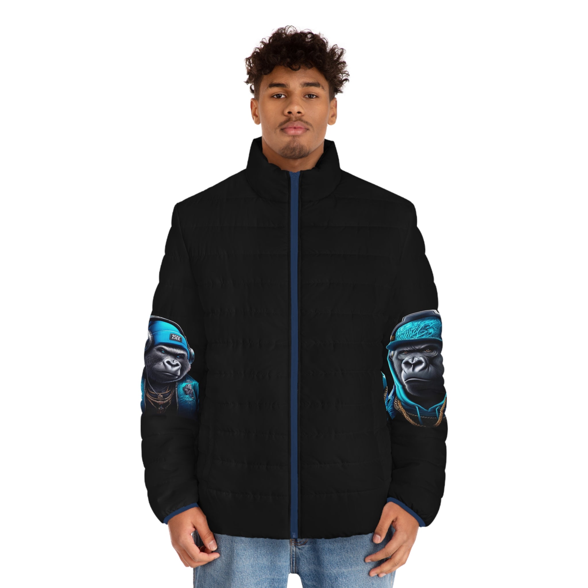 Urban Style Men's Puffer Jacket with Gorilla Artwork