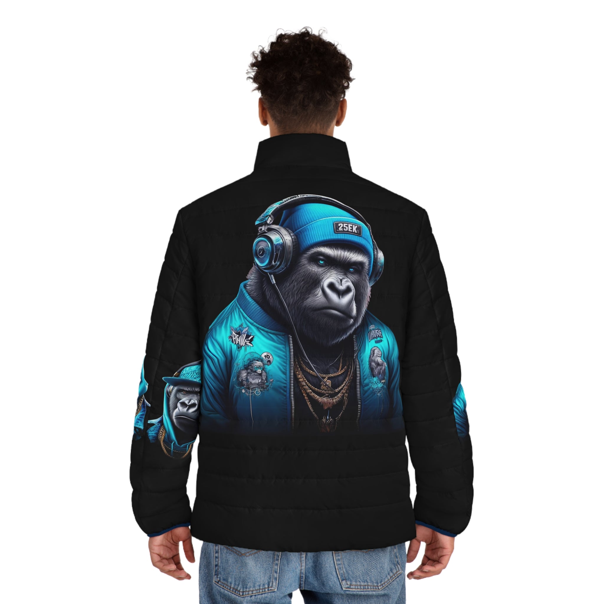 Urban Style Men's Puffer Jacket with Gorilla Artwork