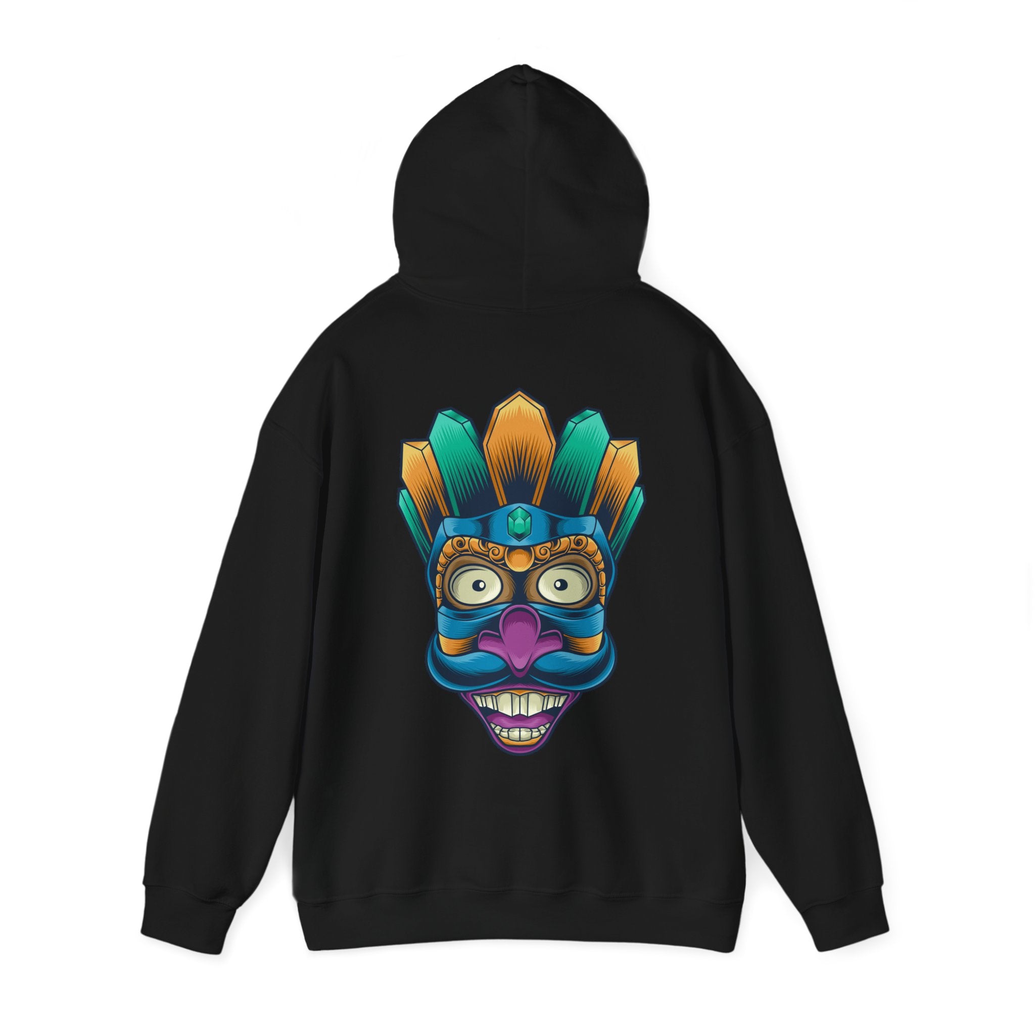 Vibrant Graphic Hoodie with Tribal Mask Design