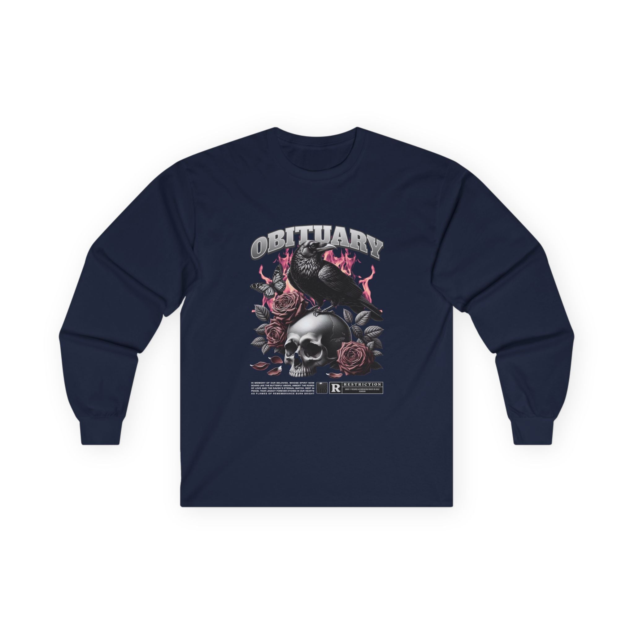 Obituary Skull Long Sleeve Tee - Gothic Floral Design