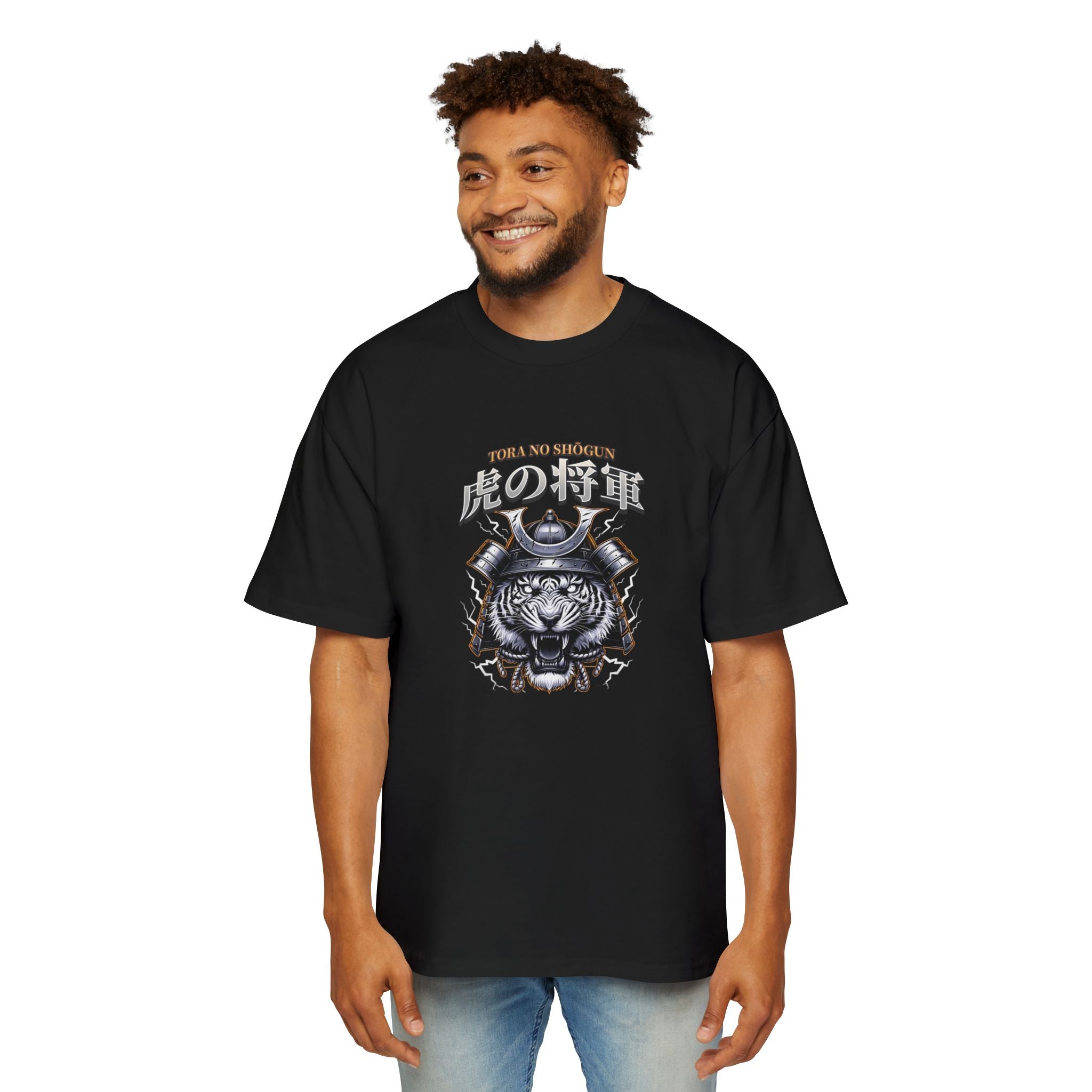 Fearless Samurai Lion Men's Heavy Oversized Tee - Bold Red Graphic Tee for Warriors.