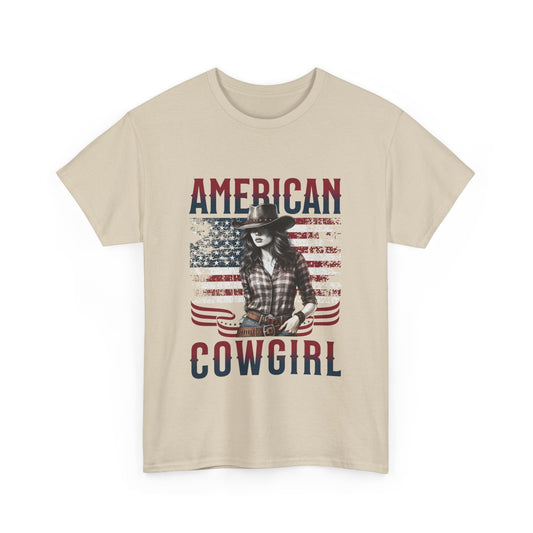 American Cowgirl Unisex Heavy Cotton Tee - Vintage Style USA Flag Graphic Shirt