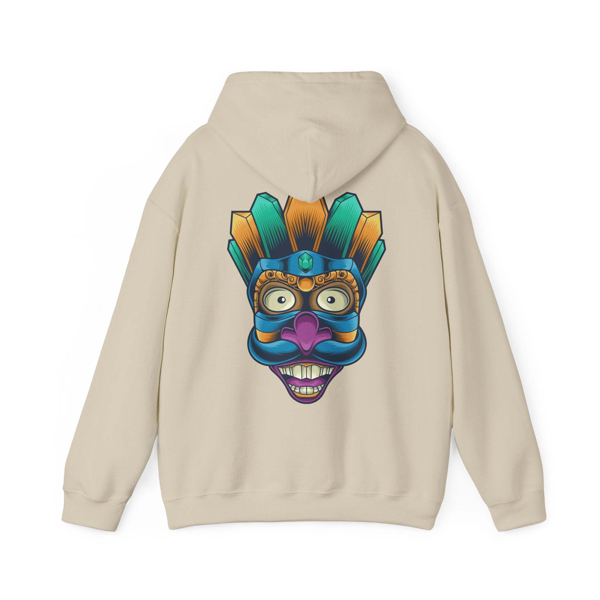 Vibrant Graphic Hoodie with Tribal Mask Design