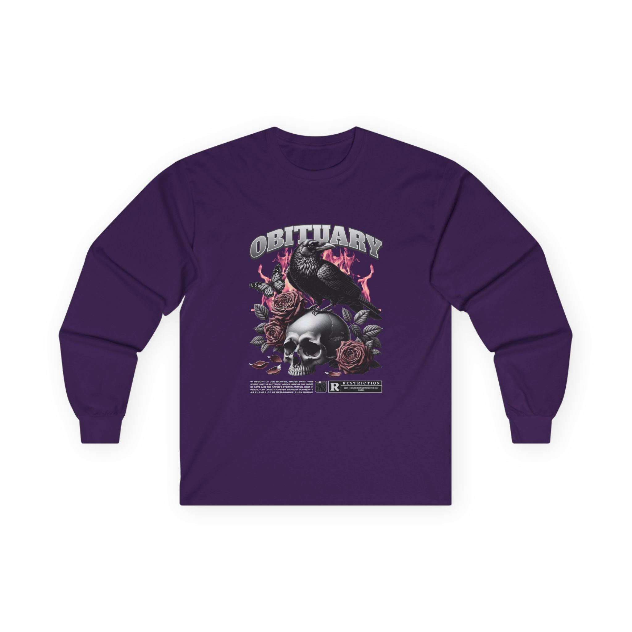 Obituary Skull Long Sleeve Tee - Gothic Floral Design