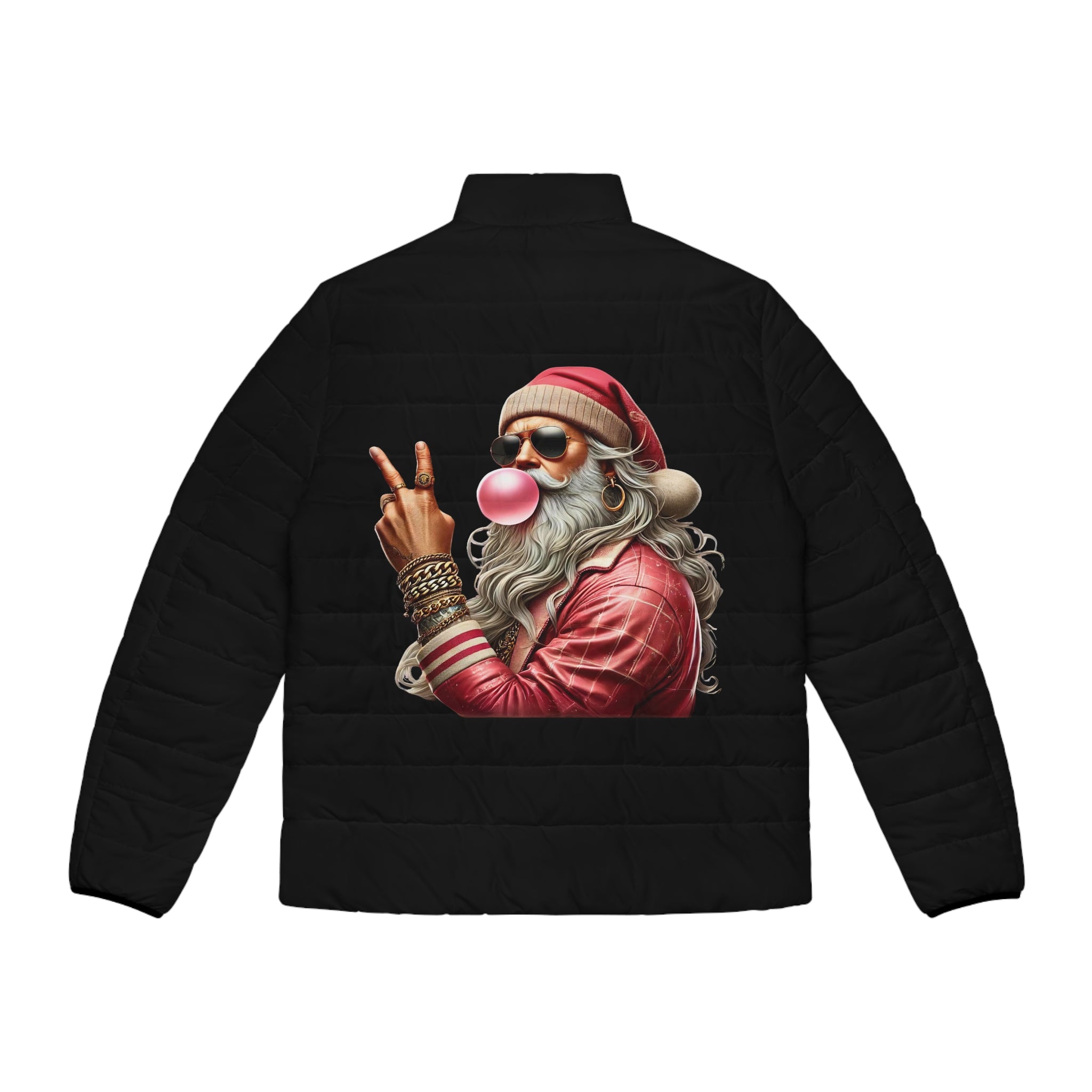 Men's Santa Puffer Jacket - Festive Holiday Style with Fun Bubblegum Graphic