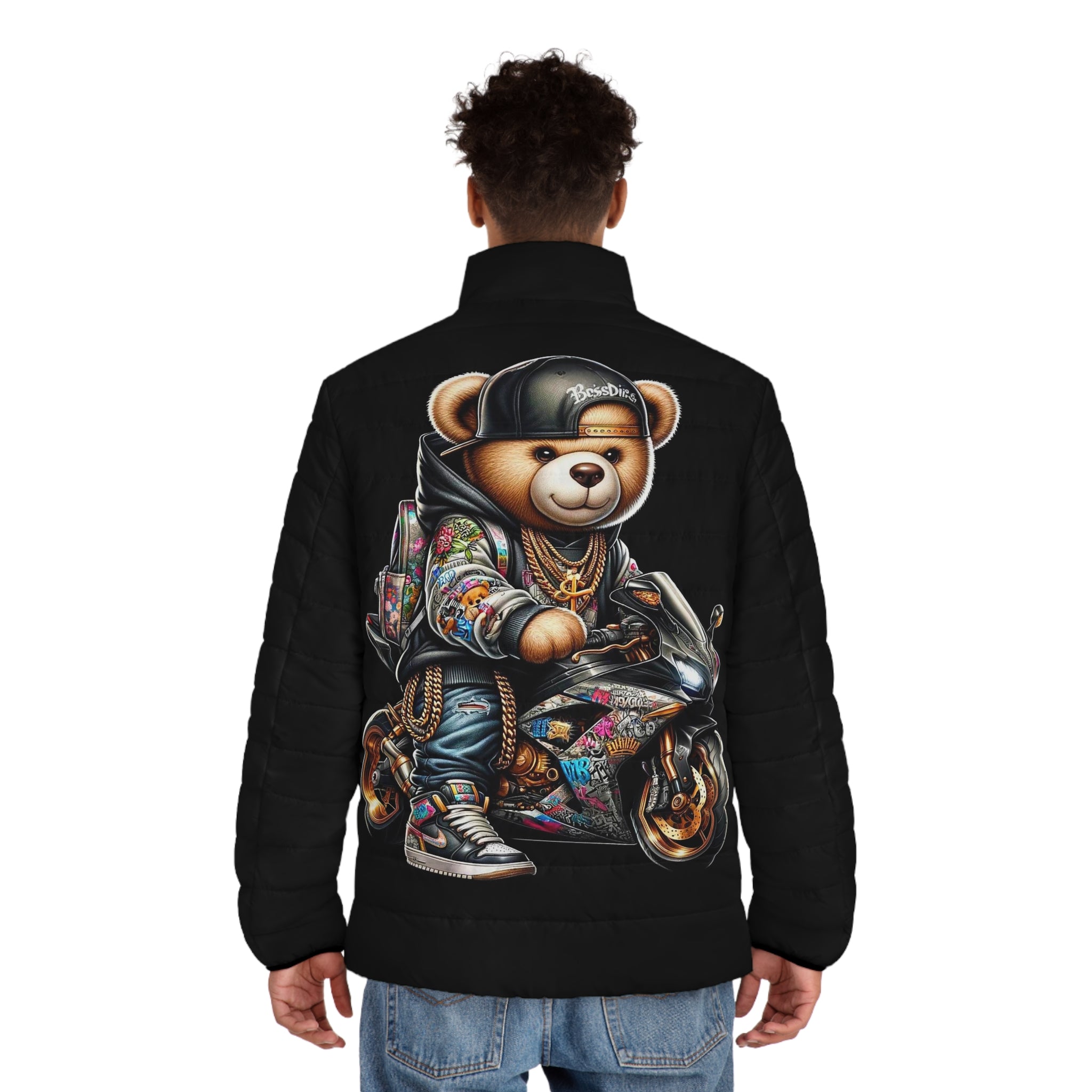 Gangsta Biker Teddy Bear Men's Puffer Jacket