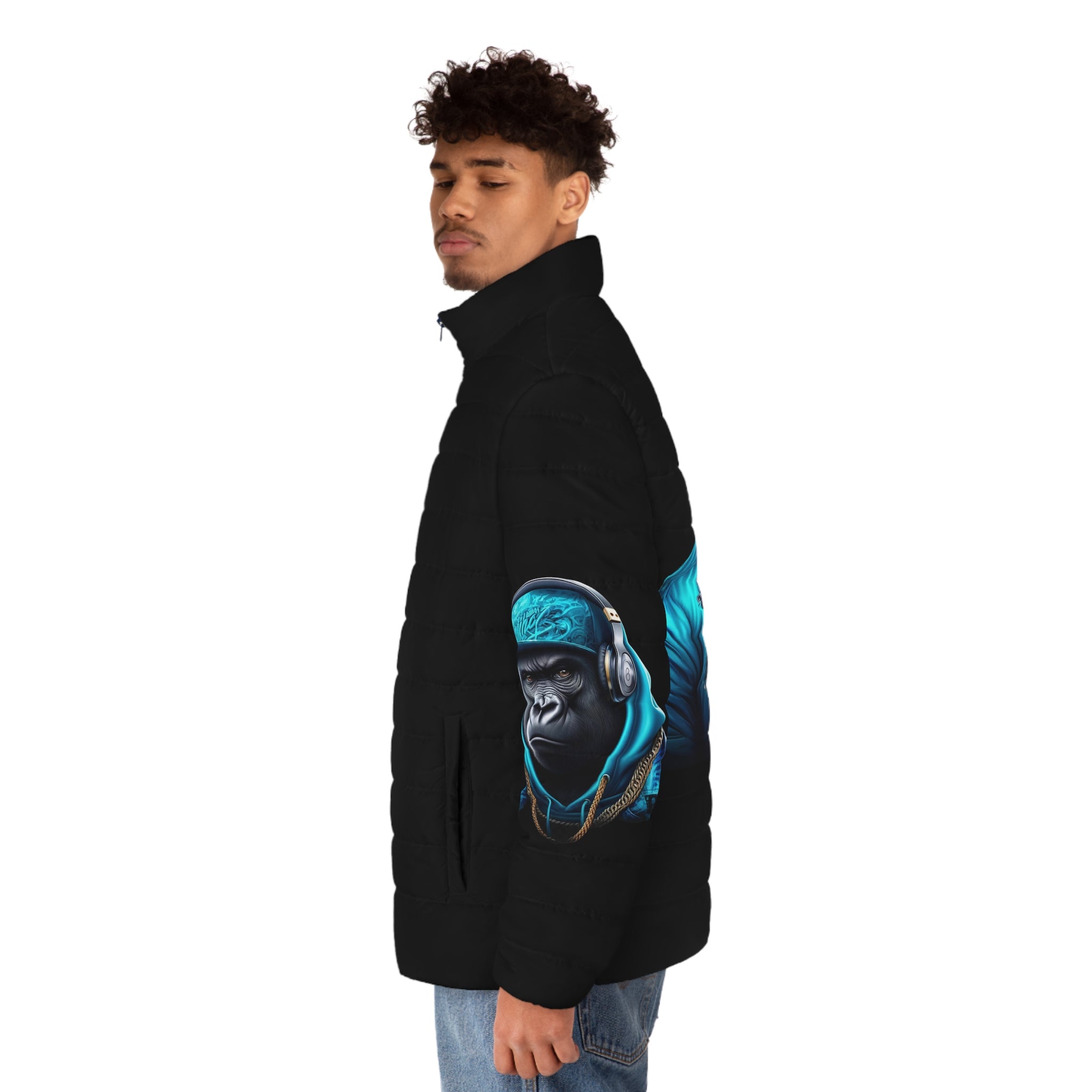 Urban Style Men's Puffer Jacket with Gorilla Artwork