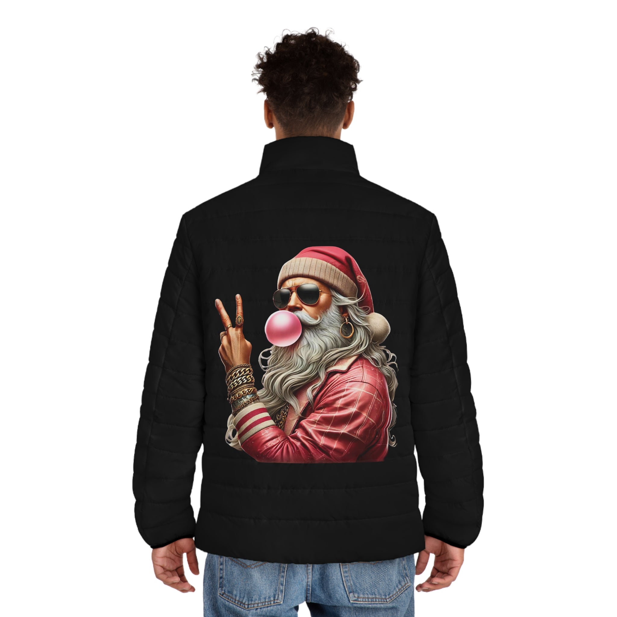 Men's Santa Puffer Jacket - Festive Holiday Style with Fun Bubblegum Graphic