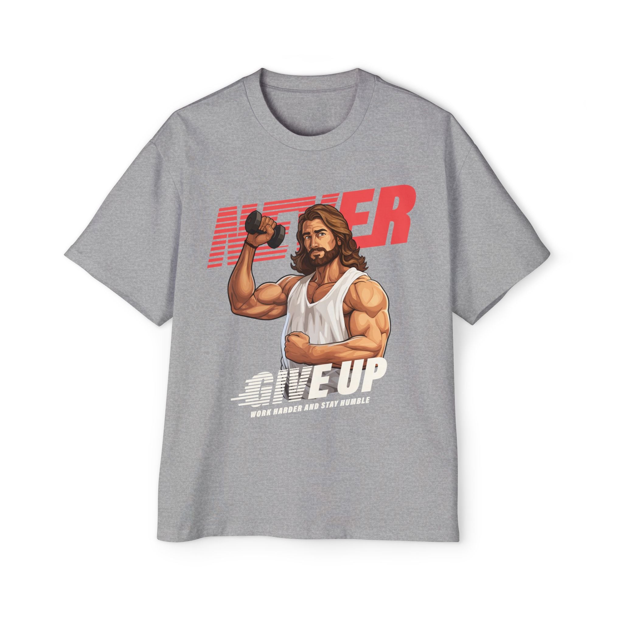 Motivational Heavy Oversized Tee - 'Never Give Up' Graphic Shirt