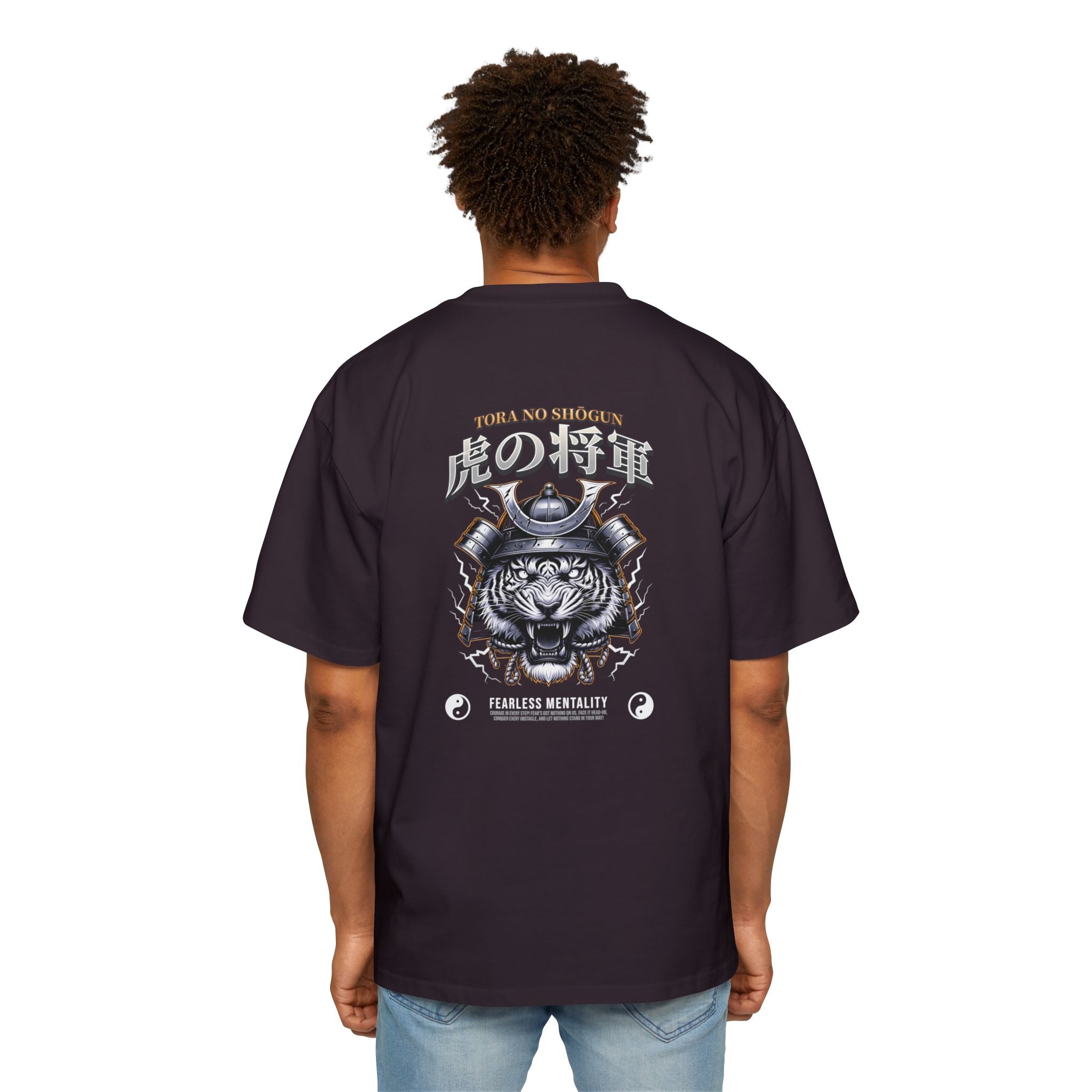 Fearless Samurai Lion Men's Heavy Oversized Tee - Bold Red Graphic Tee for Warriors.