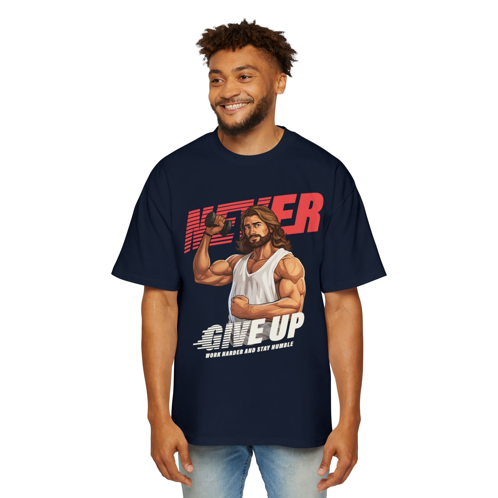 Motivational Heavy Oversized Tee - 'Never Give Up' Graphic Shirt
