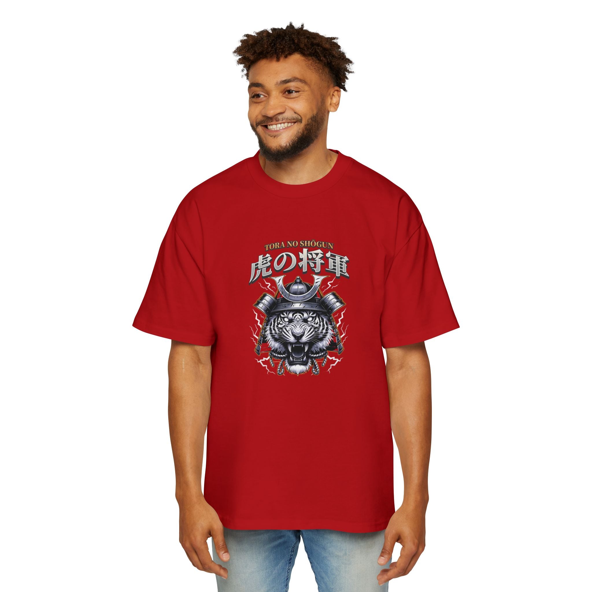 Fearless Samurai Lion Men's Heavy Oversized Tee - Bold Red Graphic Tee for Warriors.