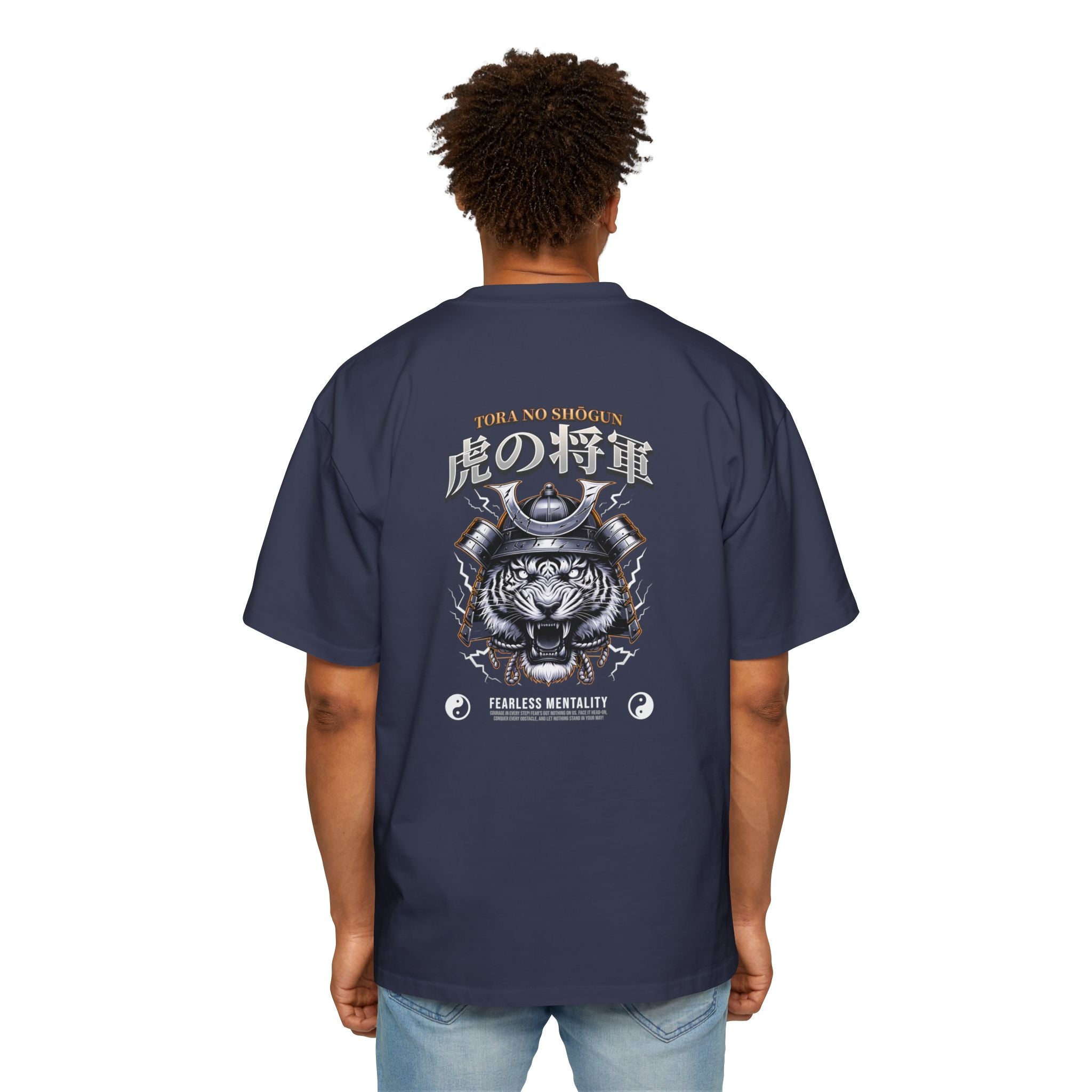 Fearless Samurai Lion Men's Heavy Oversized Tee - Bold Red Graphic Tee for Warriors.