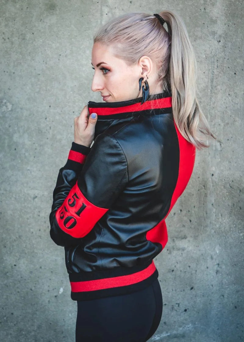 Womens 51 50 Bomber Black and Red Leather Jacket