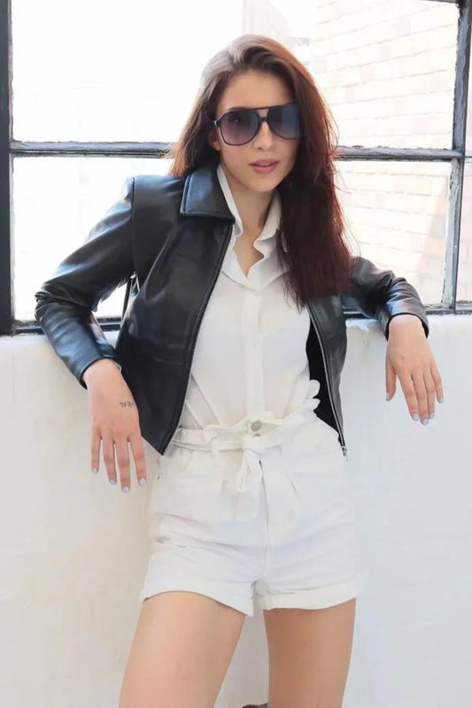 Women’s black cropped leather jacket

