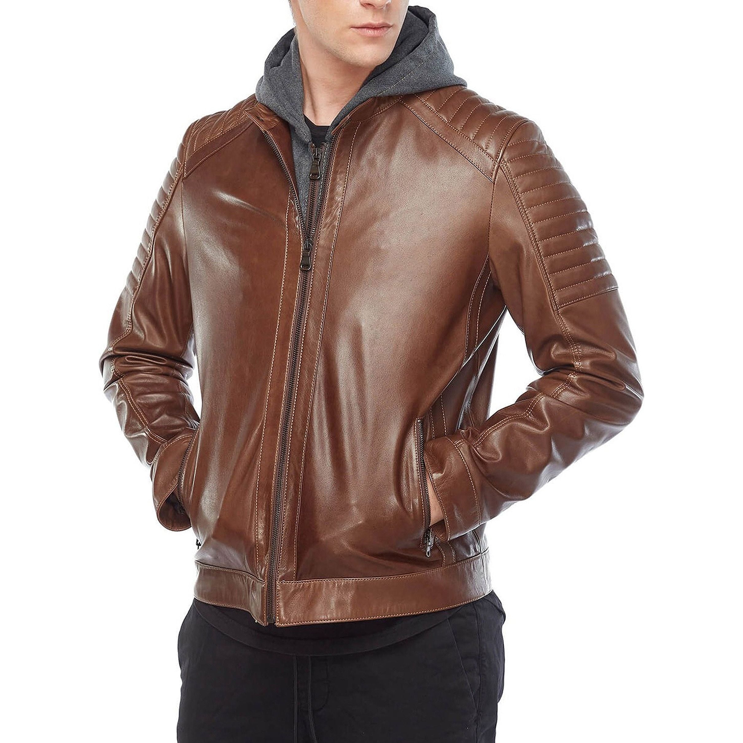 Brown leather hooded jacket
