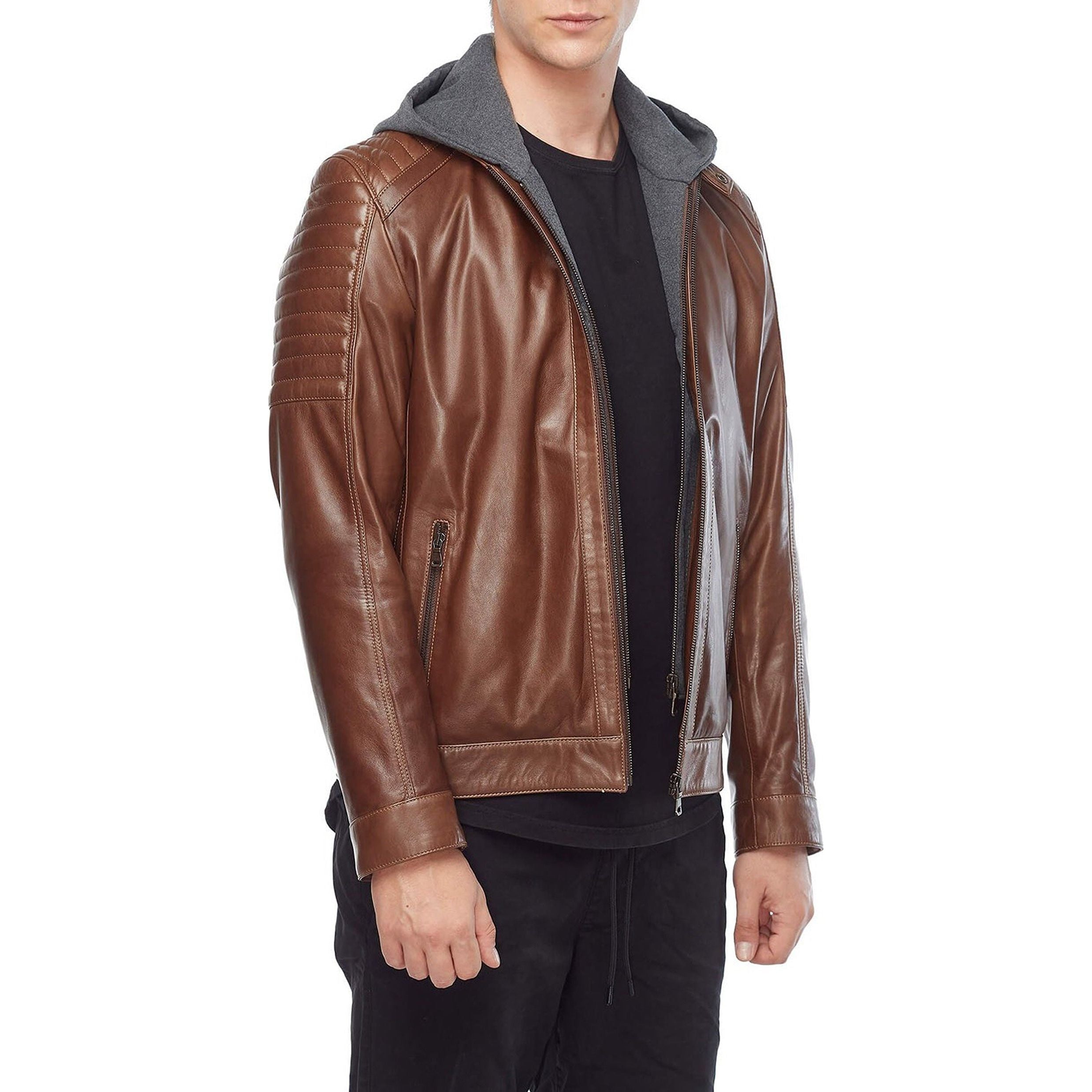 Men’s leather jacket with hood
