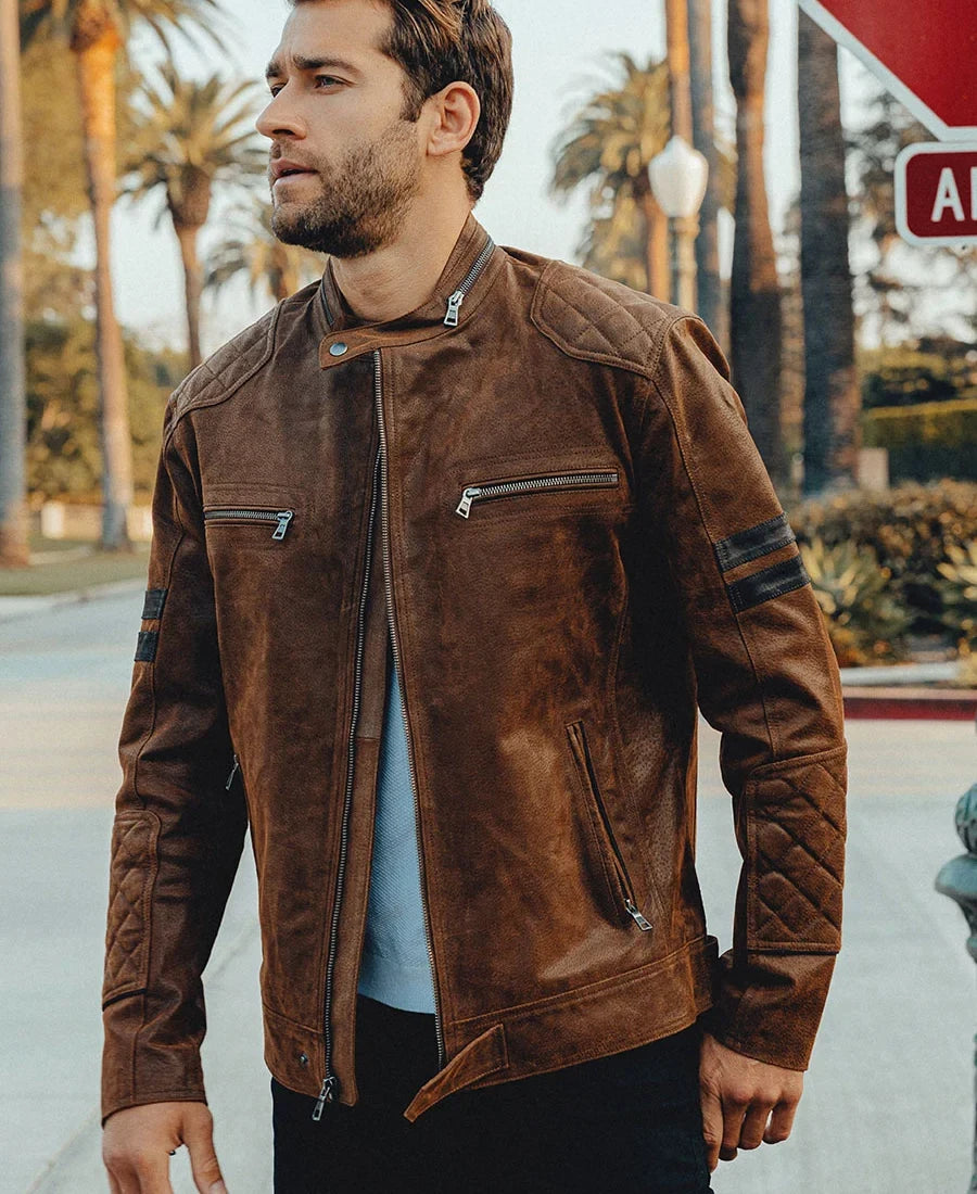 Brown leather bomber jacket
