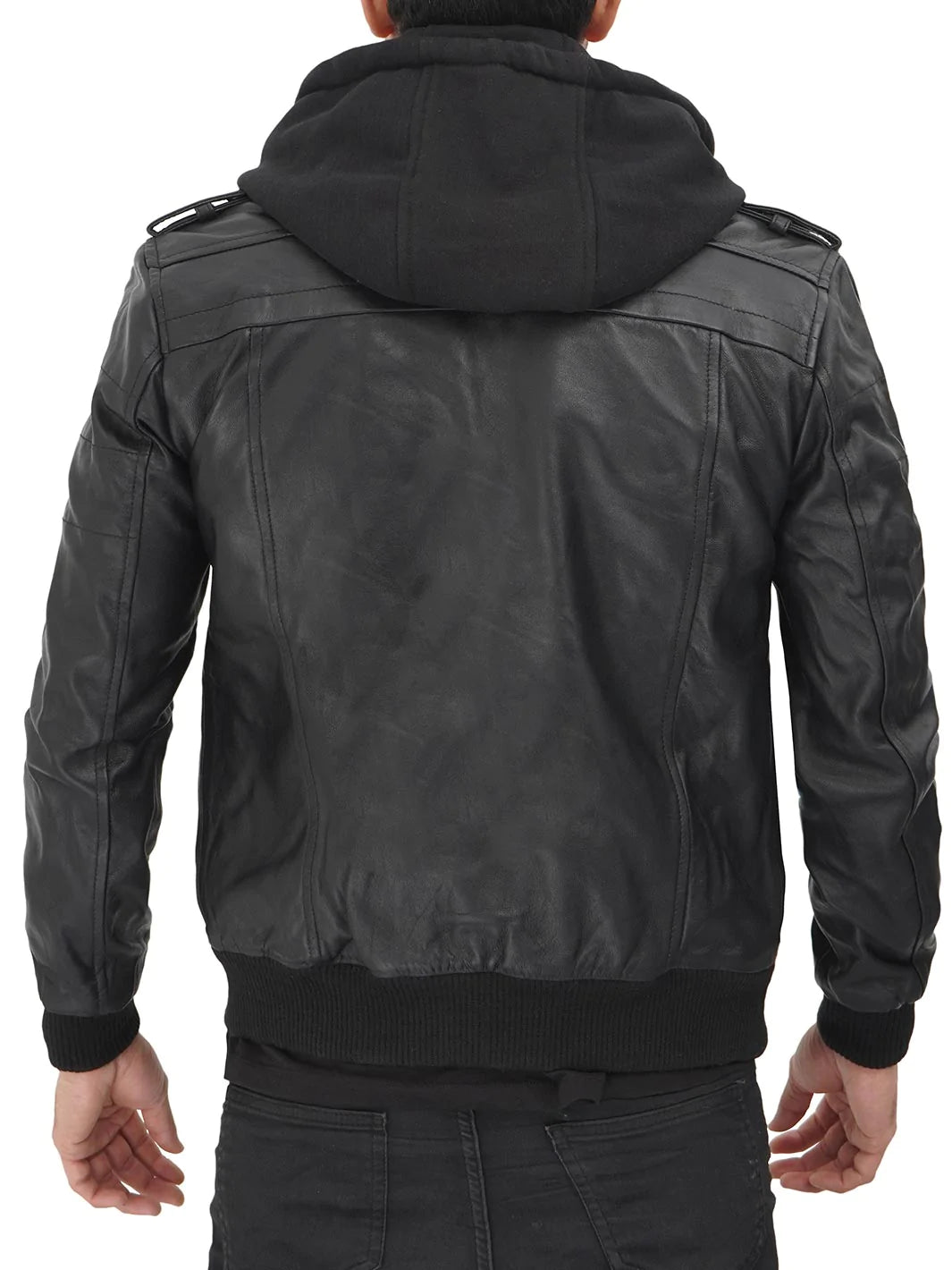 Men’s black hooded leather jacket
