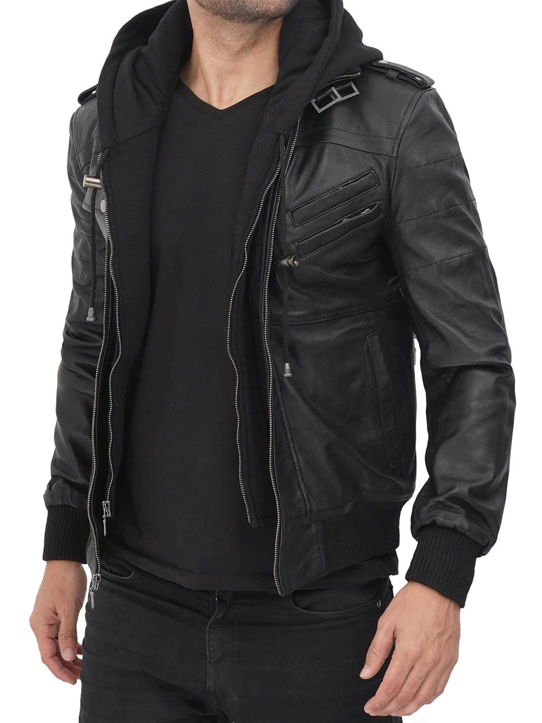 Stylish leather jacket with hood
