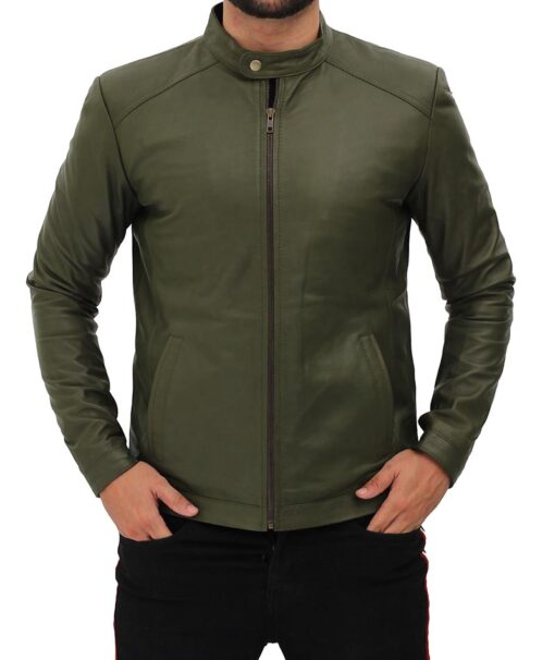 Olive green leather biker jacket for men
