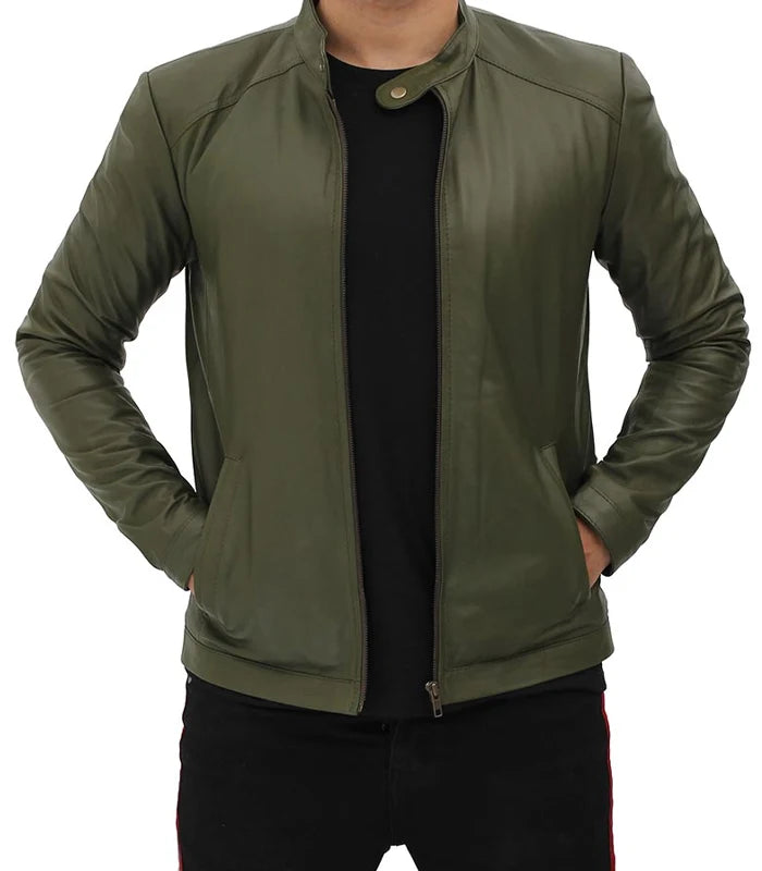 Fano Men’s Olive Green Lambskin Leather Biker Jacket
