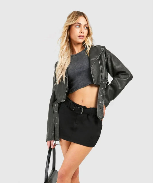 Cropped leather biker jacket

