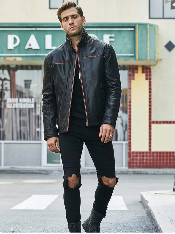 Men's black leather jacket with red stripes
